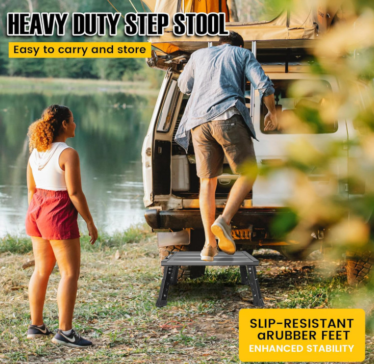Adjustable RV Step Stool, 3-Step Height Adjustment, Foldable Legs, Wide Anti-Sli
