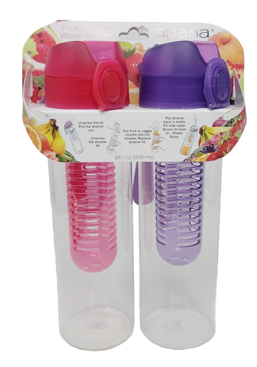 Apana Fruit Infusion Water Bottle Set Pink Purple Twin Pack with Wrist Straps