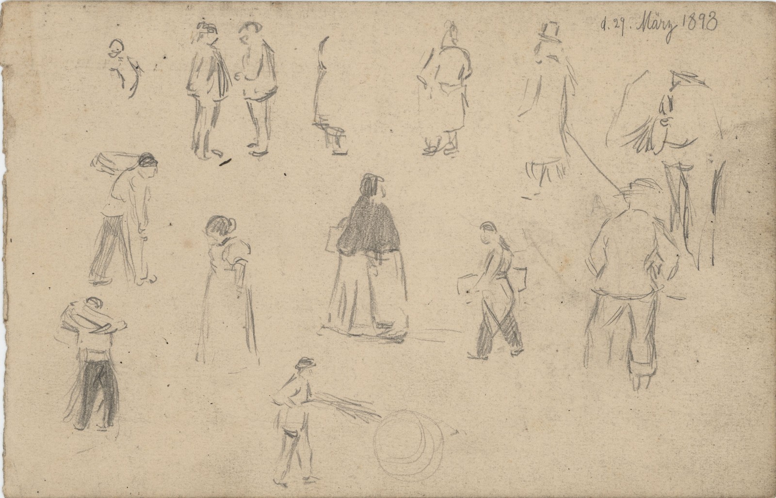 Study Pencil Drawing Passersby Craftsmen Work Professions 1898 Dated