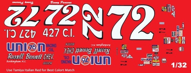 #72 Benny Parsons Bennett Chevrolet 1972-73 1/24th Scale  Decals