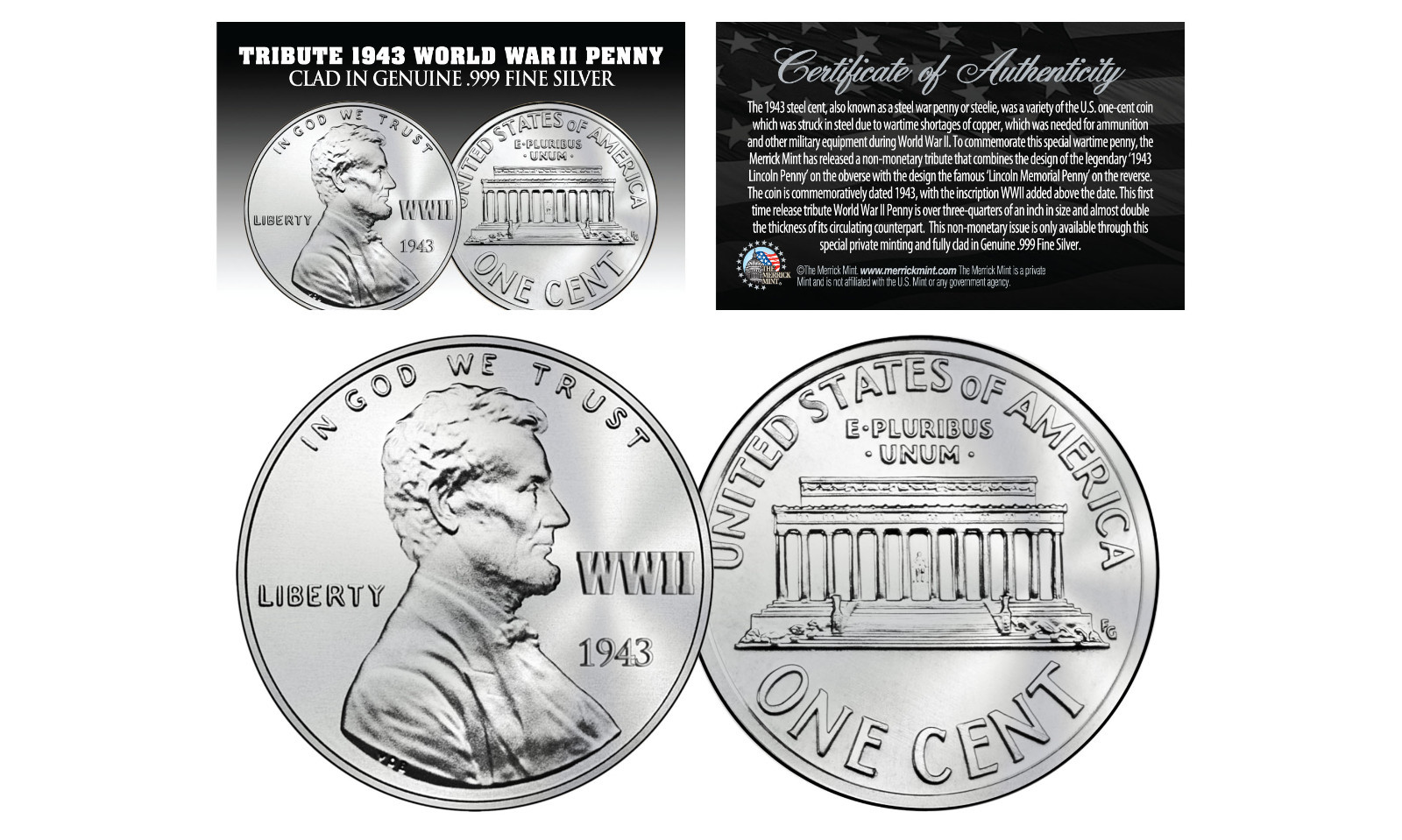 TRIBUTE 1943 World War II Steel PENNY Coin Clad in .999 Fine SILVER (Lot of 3)