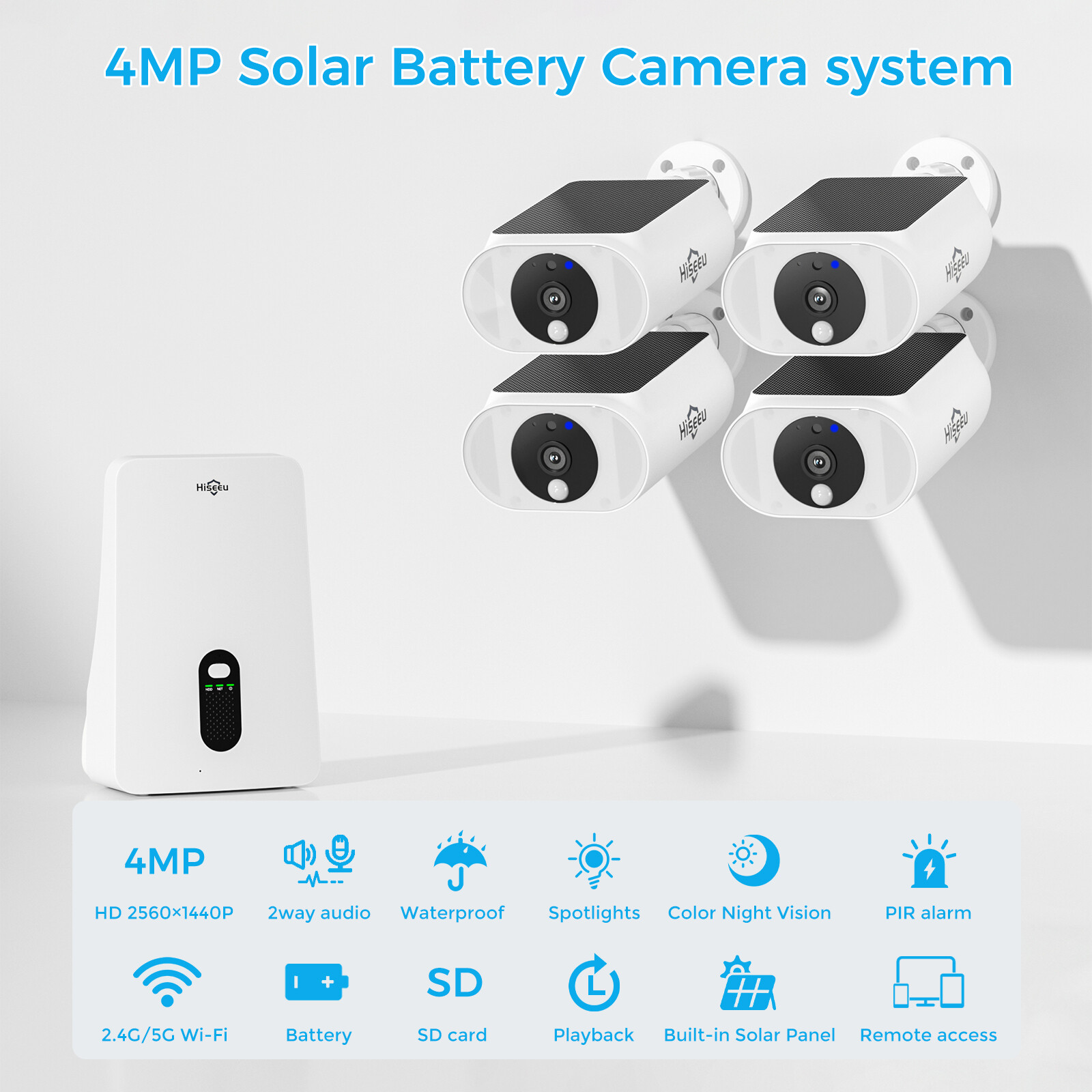 Hiseeu 4MP 10CH Wireless Solar Battery Powered Security Camera System 5G WIFI