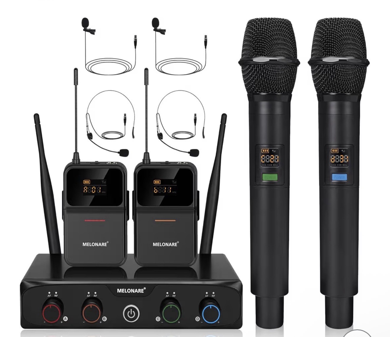 4-Channel Wireless Microphone System UHF Cordless 2 Handheld 2 Bodypack Mics