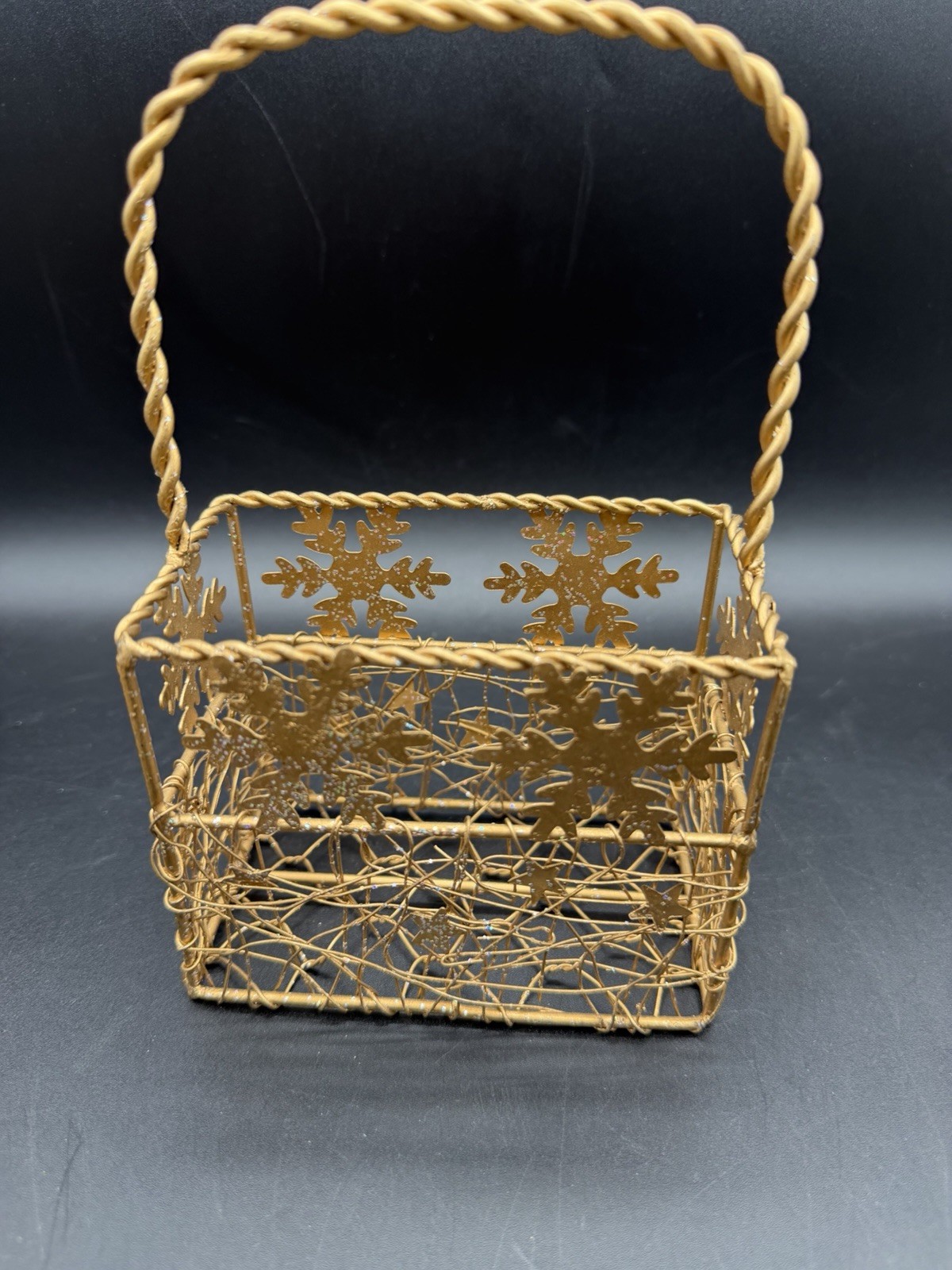 Gold Metal Holiday Basket Rectangular Snowflake Design Handle 5x4x8in