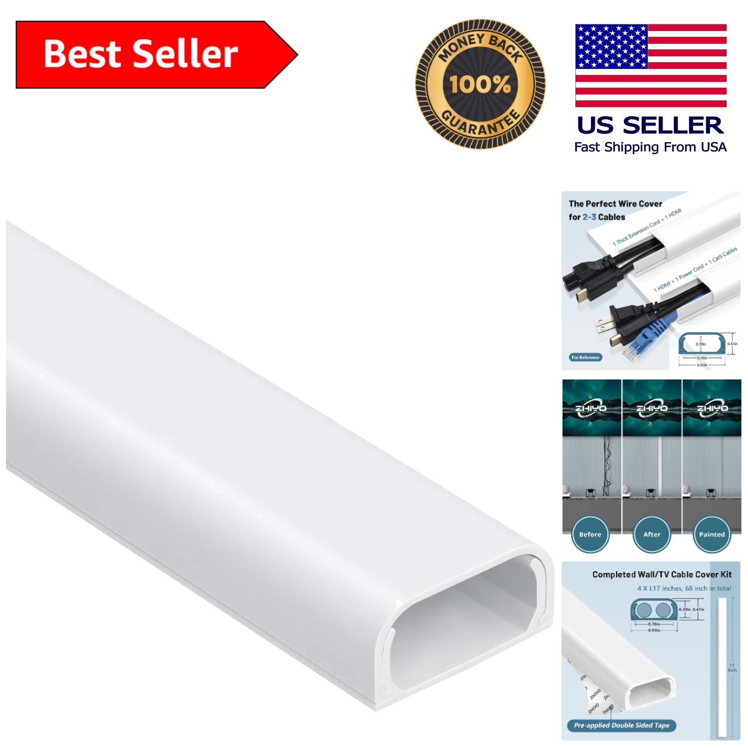 Self-Adhesive Cable Raceway for Safe & Neat Wall-Mounted TV Setup - 4 Pack