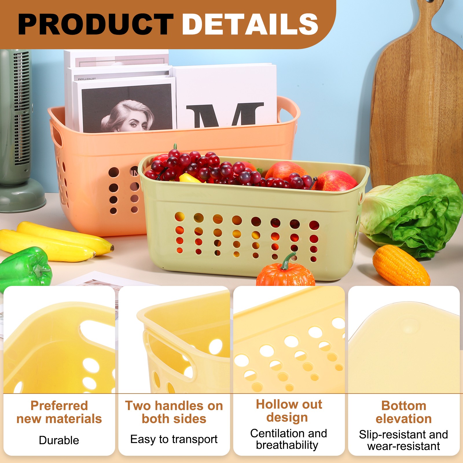 2Pack 13.31x6.81x6.3" Pantry Plastic Storage Baskets Yellow