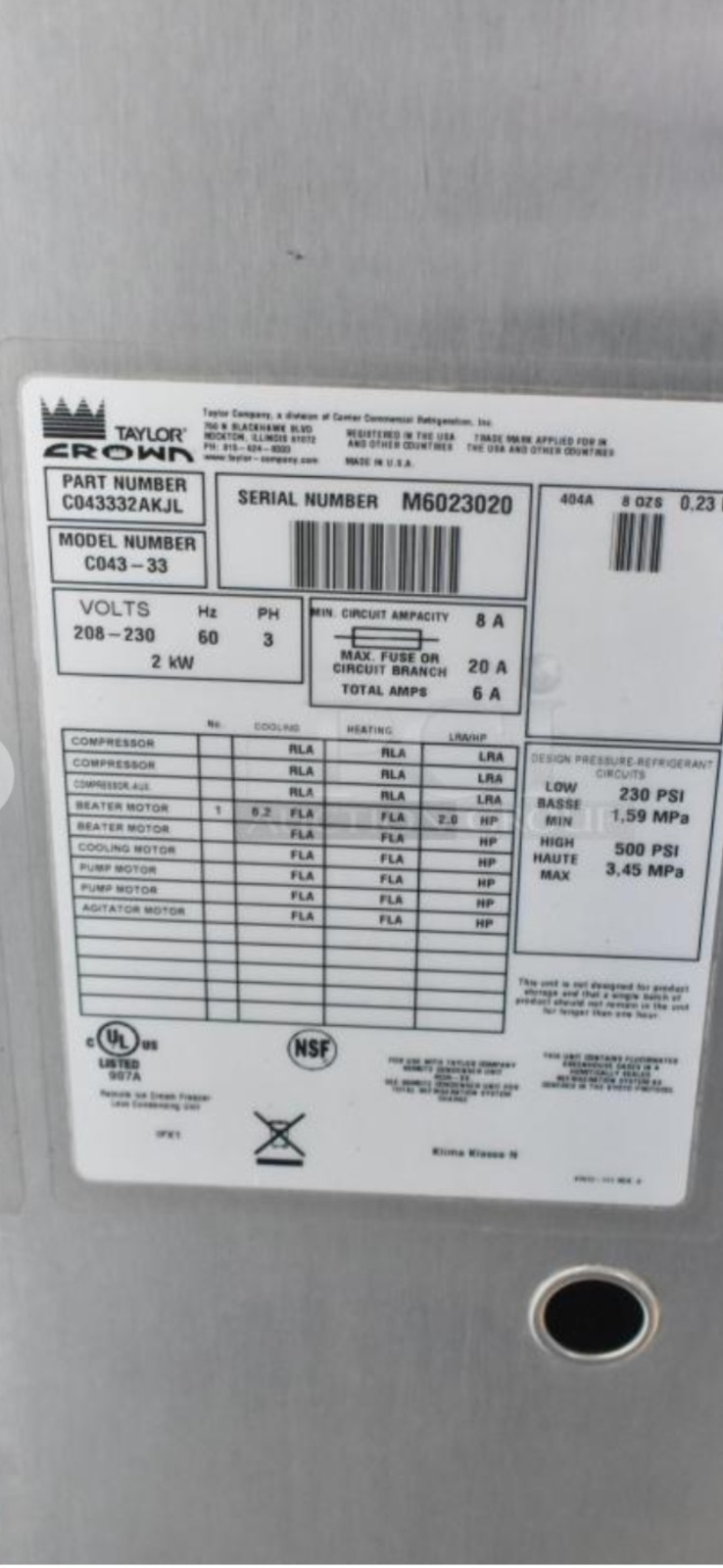 TAYLOR C043 CUSTARD BATCH FREEZER MACHINE 2016 Water Cooled 3ph MISSING PARTS