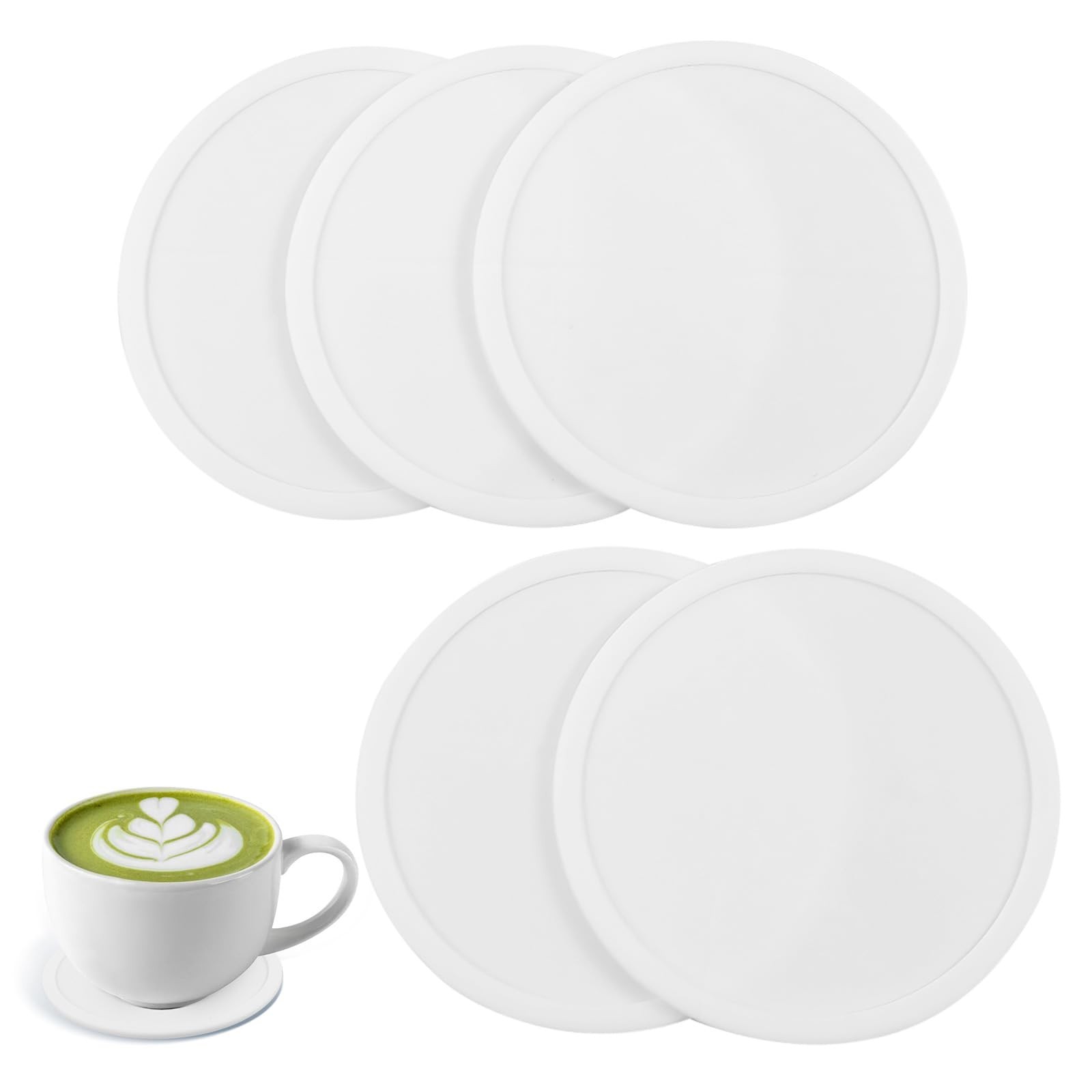 5-Pack White Silicone Coasters - Non-Slip Drink Coasters for Dining Table - N...