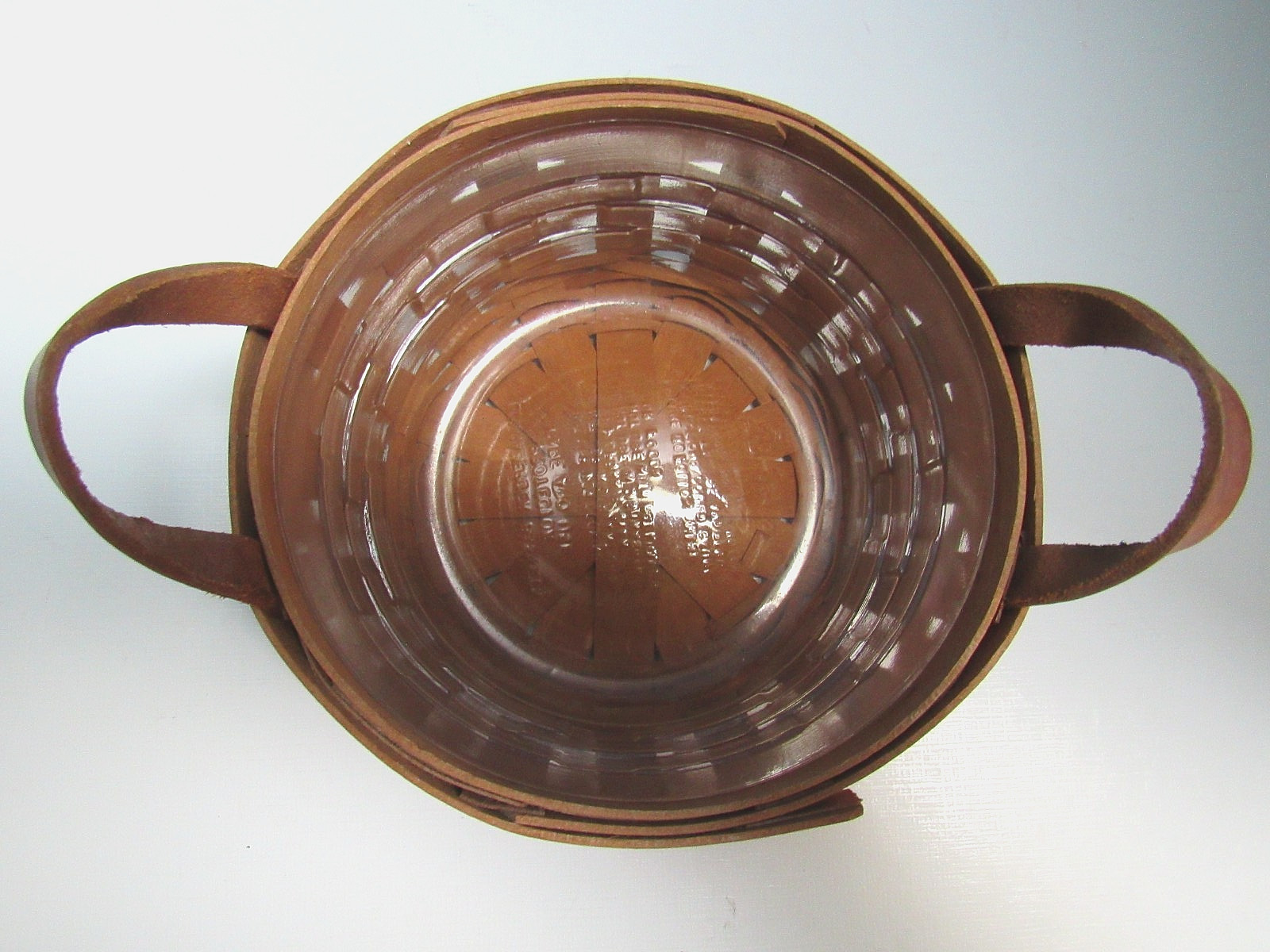 SMALL LONGABERGER HAND-WOVEN BASKET W/LEATHER HANDLES & PLASTIC INSERT