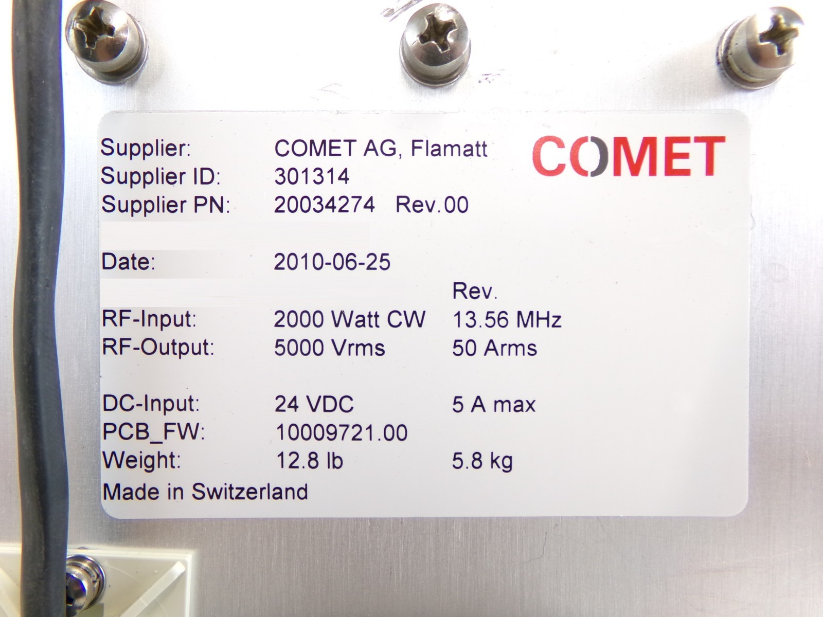 Comet Technologies 20034274 RF Match 2000 Watt @ 13.56 MHz Working Surplus