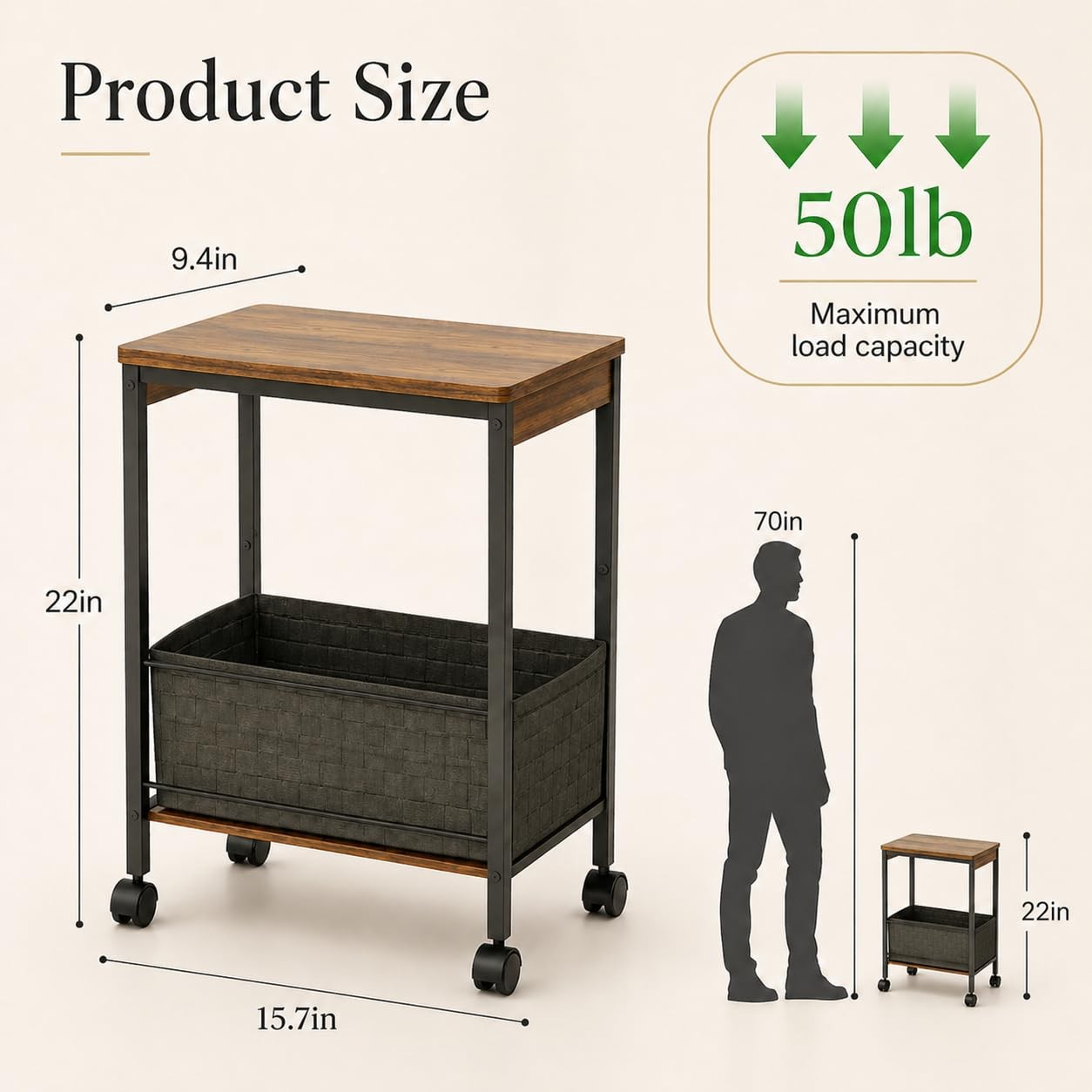 Rustic Brown Rolling Narrow Side End Table Wheels Storage Bin 15.75x9.84 Inch