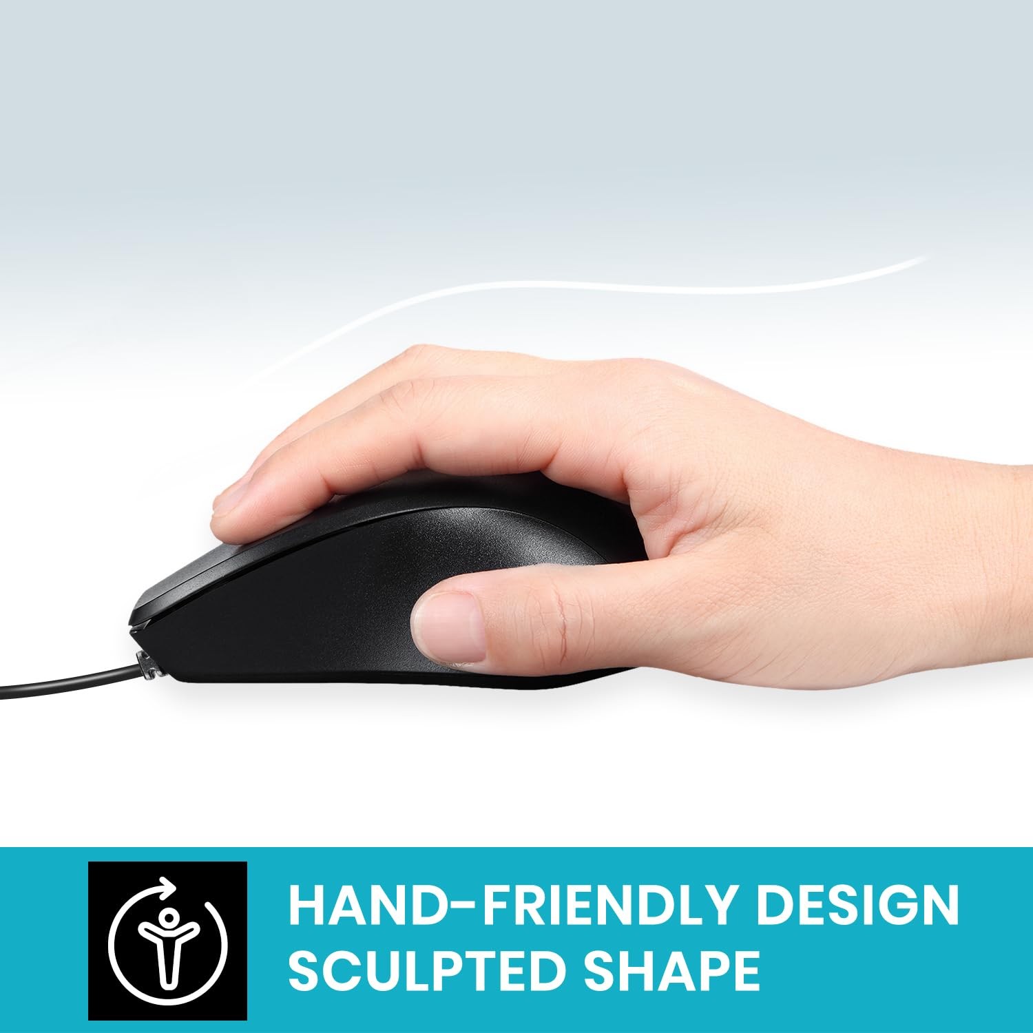 PERIMICE-221U Wired Ergonomic USB Mouse - 4.9 Ft Cable - Optical 1000 DPI Des...