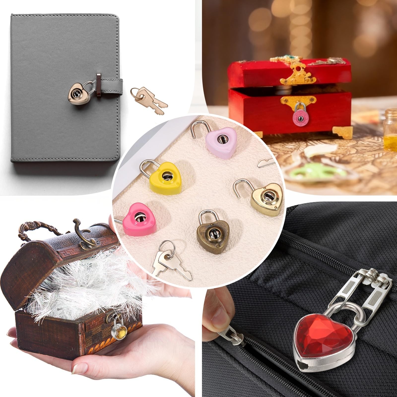 6Pcs Mini Diary Padlock, Small Metal Heart Shaped Lock Mini Keyed Padlocks wi...