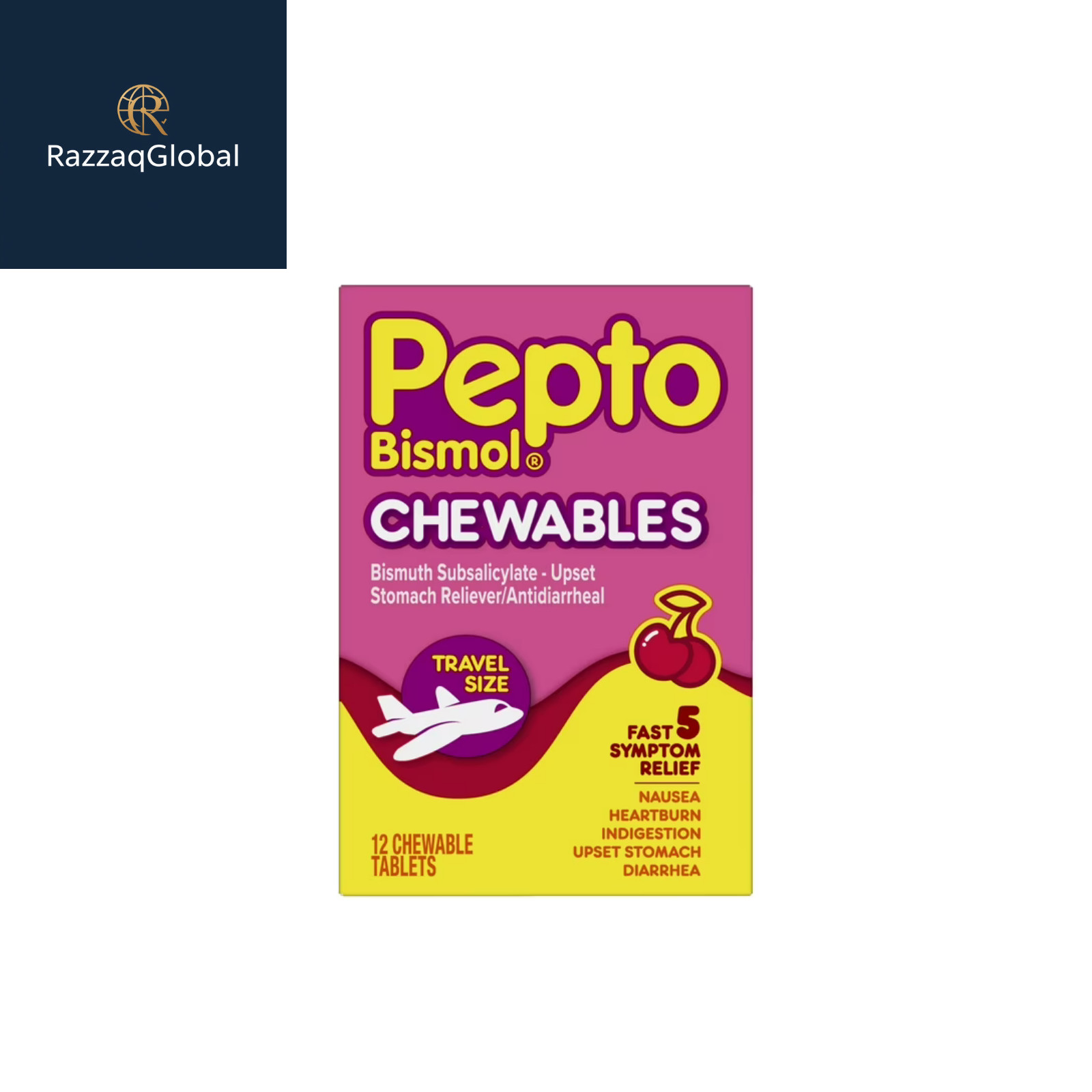 Pepto Bismol Chewable Tablets Indigestion & Anti-Diarrhea Cherry 12 Count