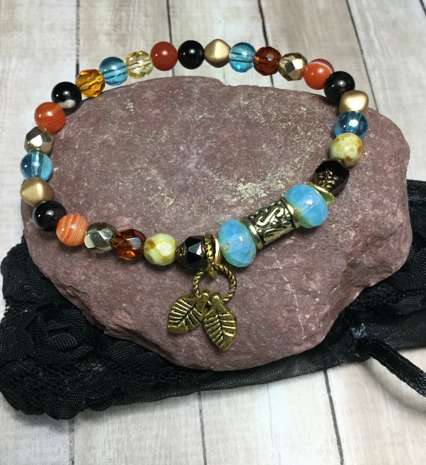 Handmade Healing Bohemian Black Onyx Agate Stone Czech Bracelet USA