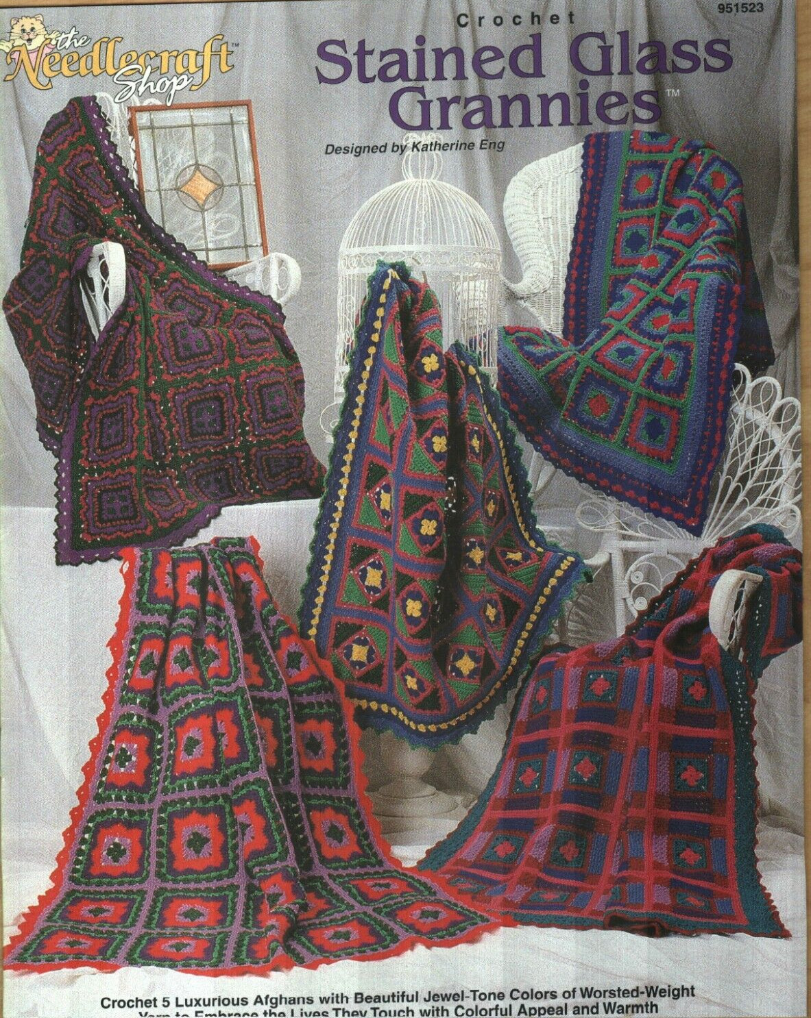 NEW STAINED GLASS GRANNIES AFGHANS 5 DESIGNS HOME DECOR CROCHET PATTERN BOOK