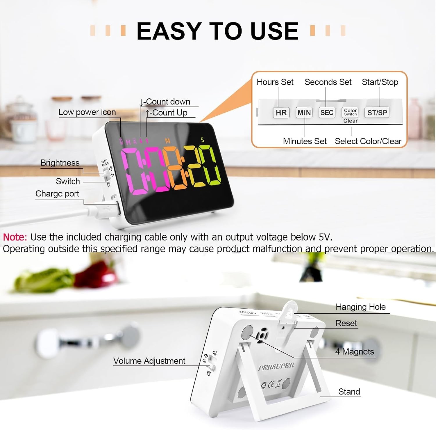 Kitchen Digital Timer, Count Down Up, Rechargeable, Vibration Mode | Adjustab...