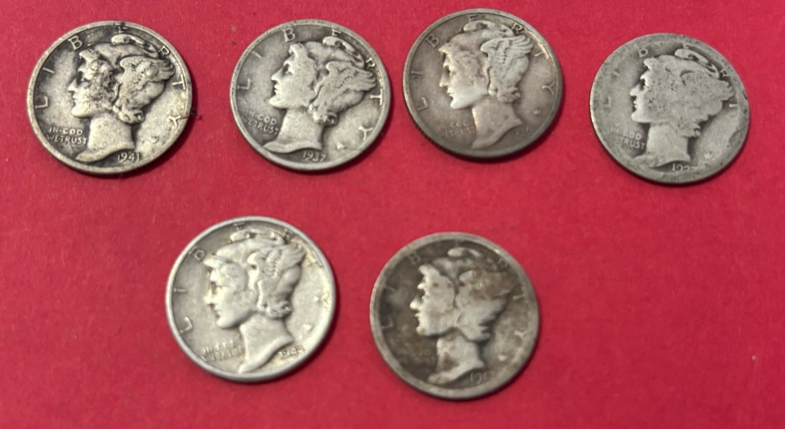 6 1917-1944 Mercury Circulated 90% Silver Ungraded USA Dimes