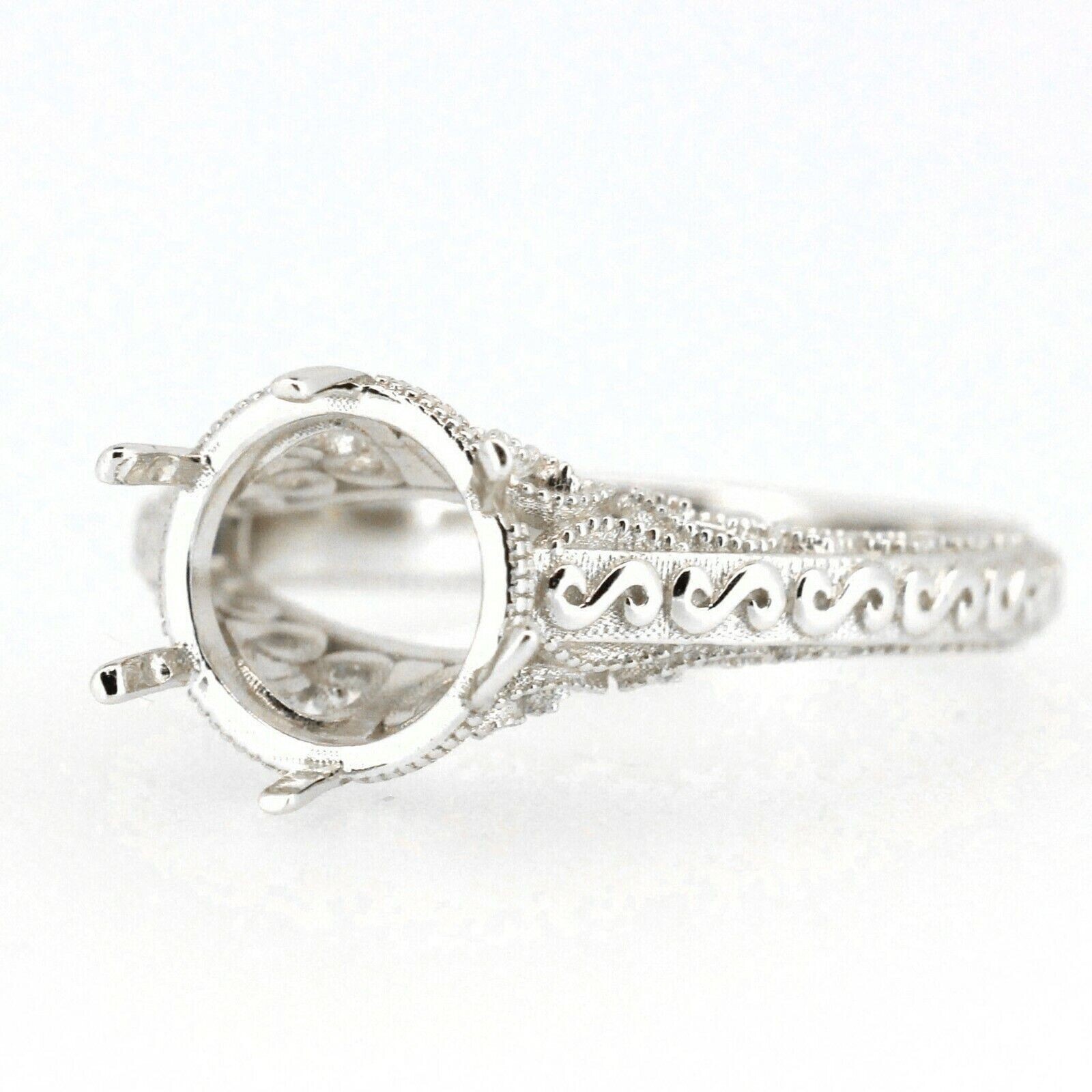 MTO Art Deco Style Sterling Silver Semi Mount Ring Setting Round RD 8x8mm