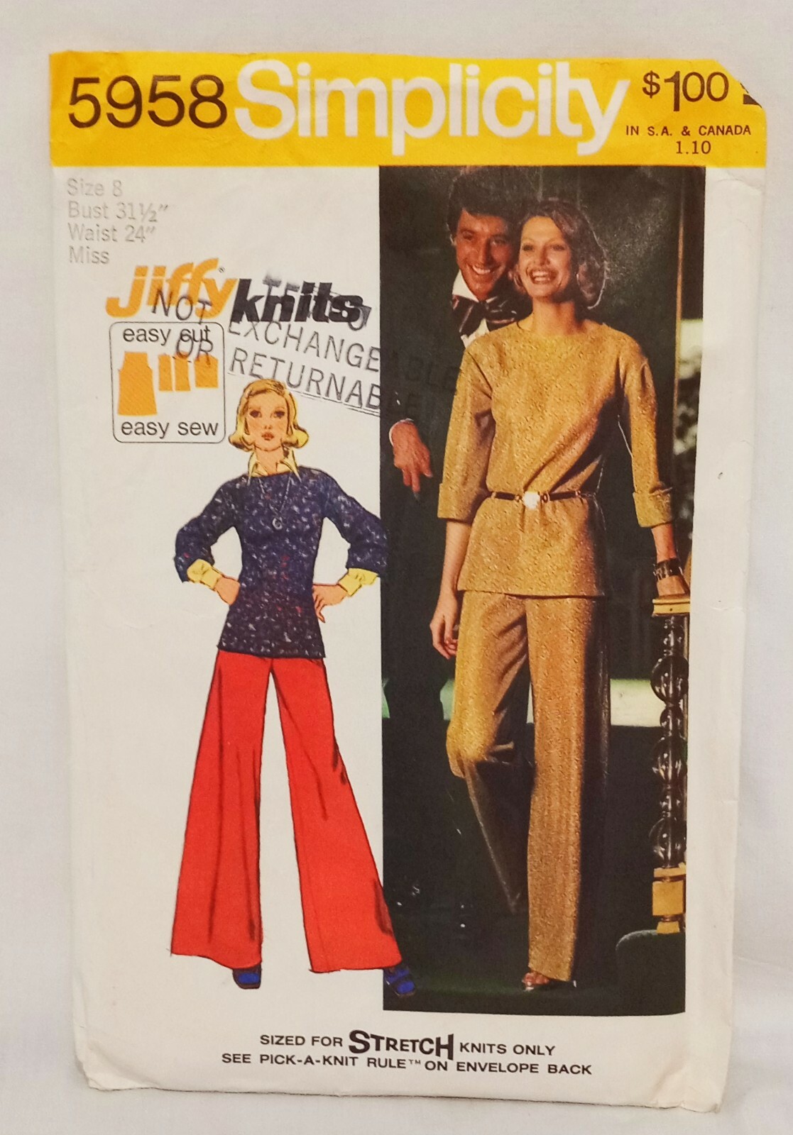 Knit Top Wide Leg Pants Misses Size 8 Jiffy Knits Simplicity 5958 Pattern 1973