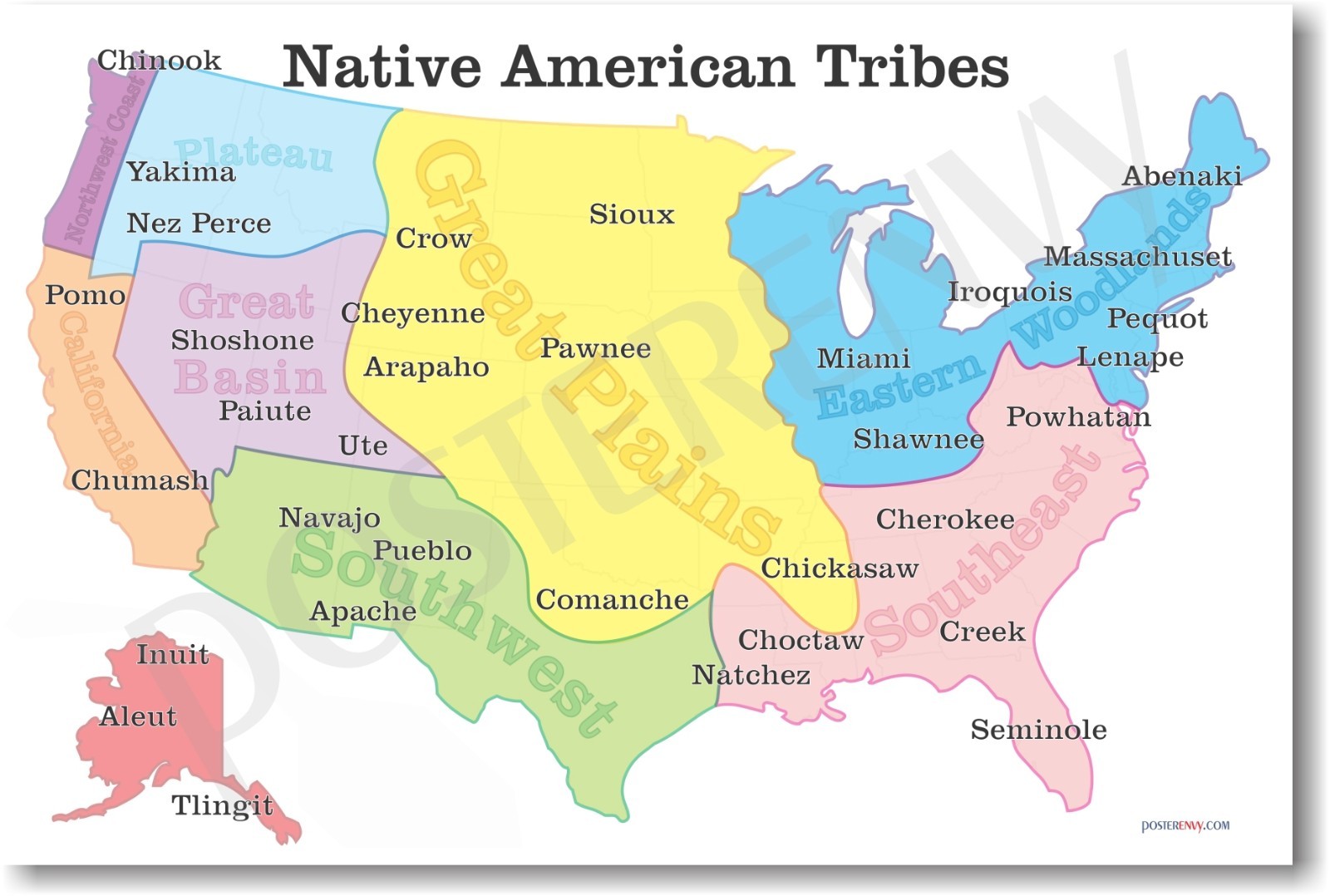 NEW American History Educational Classroom POSTER - Native American Tribes Map
