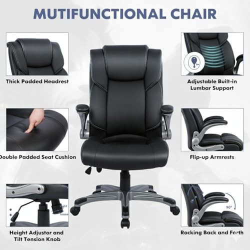 Ergonomic Executive Office Chair with Lumbar Support, Flip-Up set of 1 Black