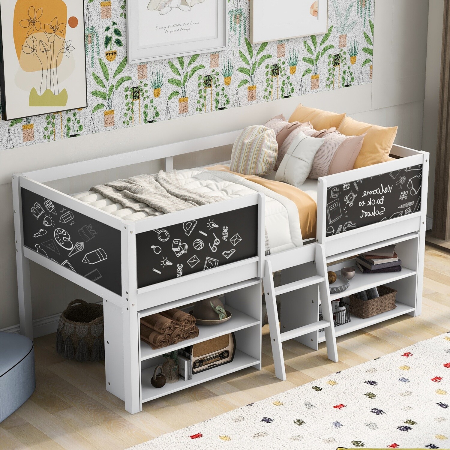 Twin Size Loft Bed Wood Bed Frame w/ 2 Movable Shelves & Guardrail Chalkboard