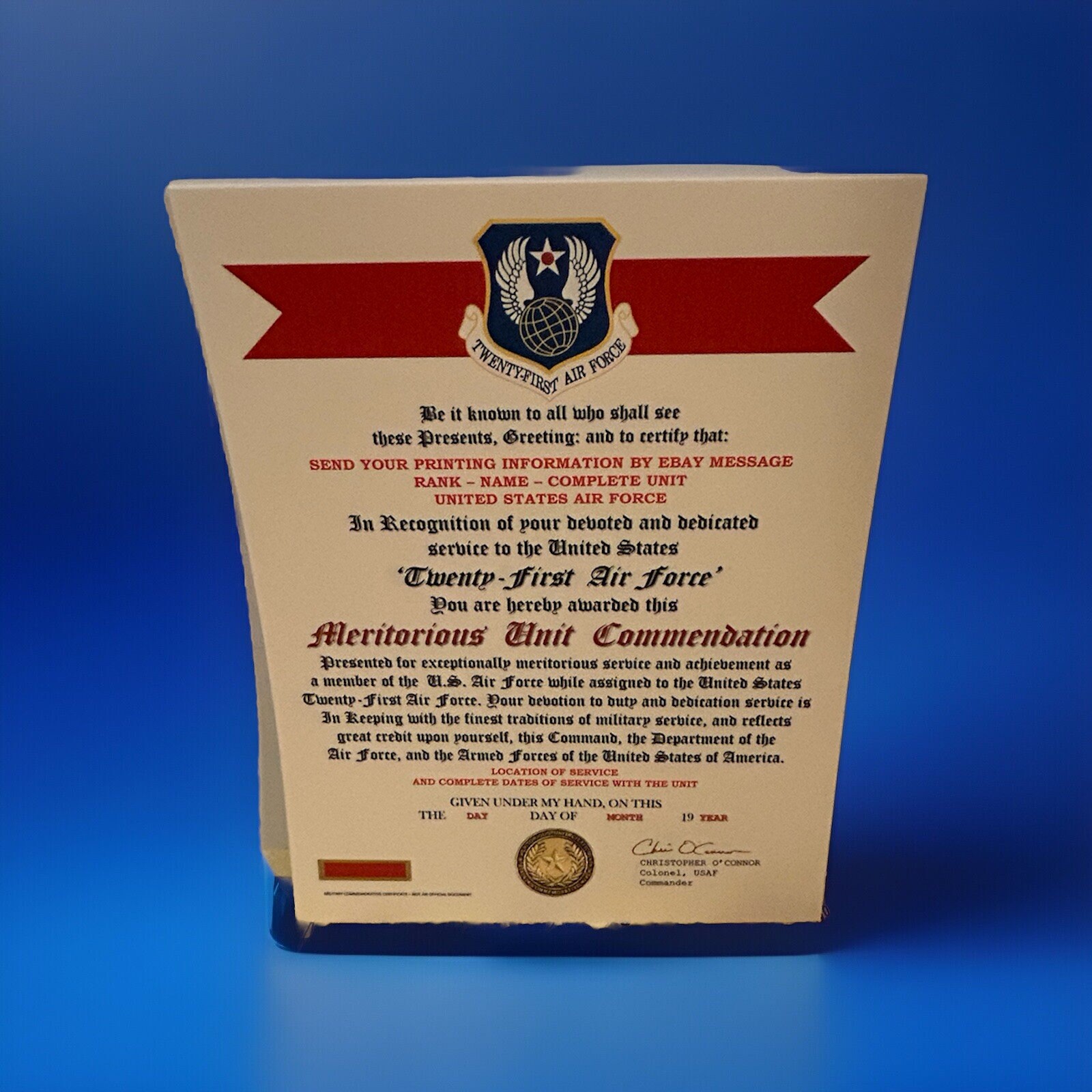 U.S. AIR FORCE / 21ST AIR FORCE - MERITORIOUS UNIT COMMENDATION CERTIFICATE