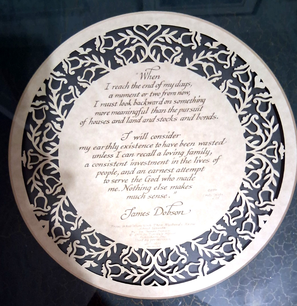 Cindy Jacobs Laser-Cut Papercut 1998 James Dobson "END OF MY DAYS" Framed 16x16