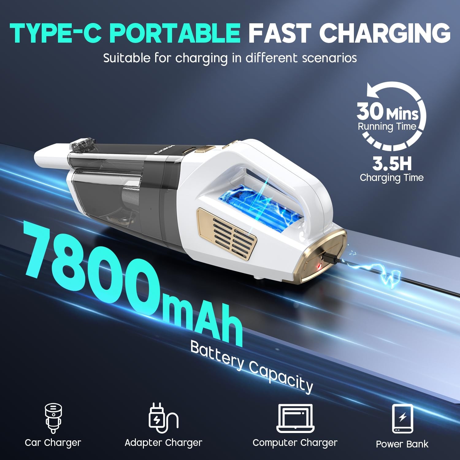 CKIKH Handheld Vacuum Cordless, 15000PA Strong Suction Hand Held White & Gold