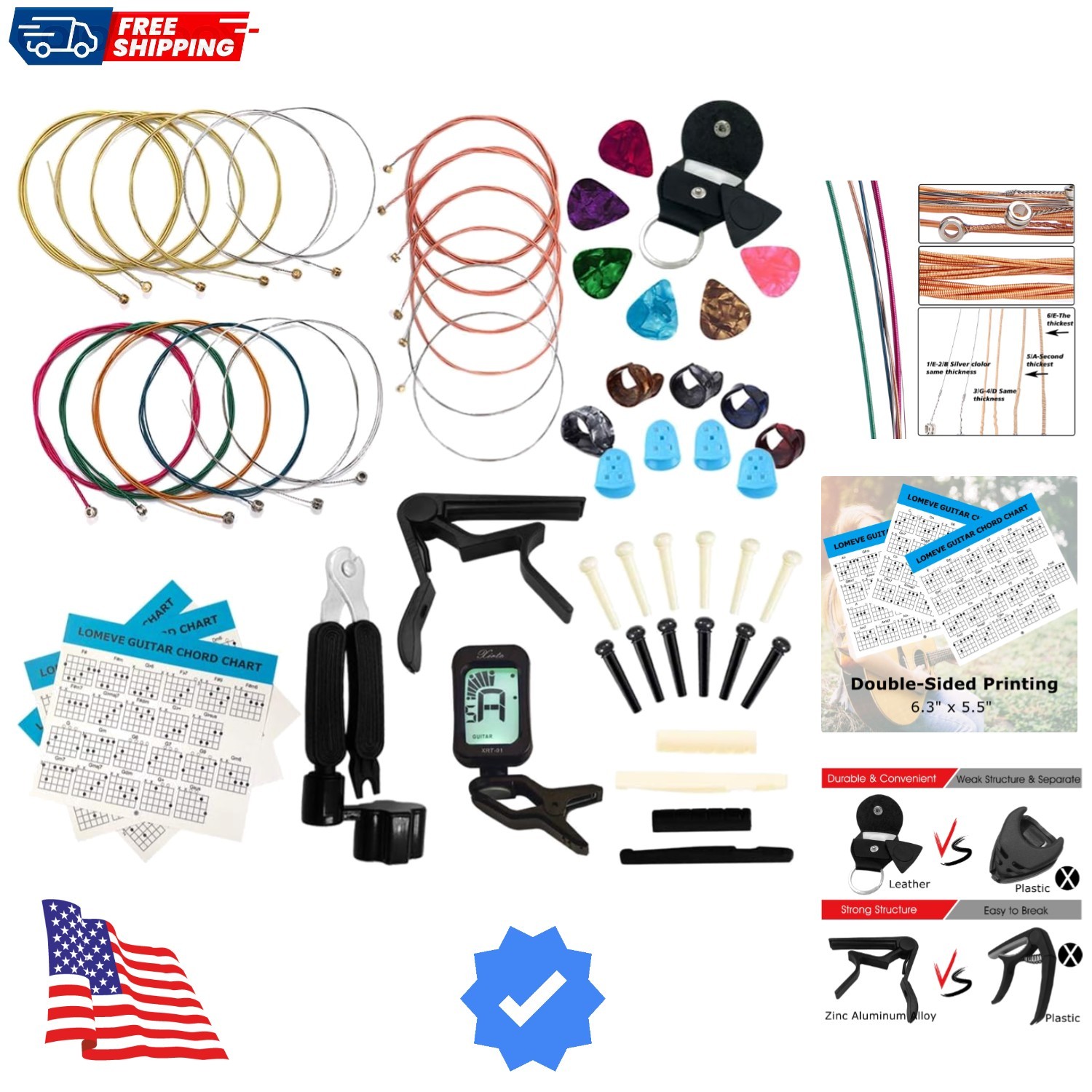 Guitar Accessories Kit Include Acoustic Strings, Tuner, Capo, 3-in-1 Restring...