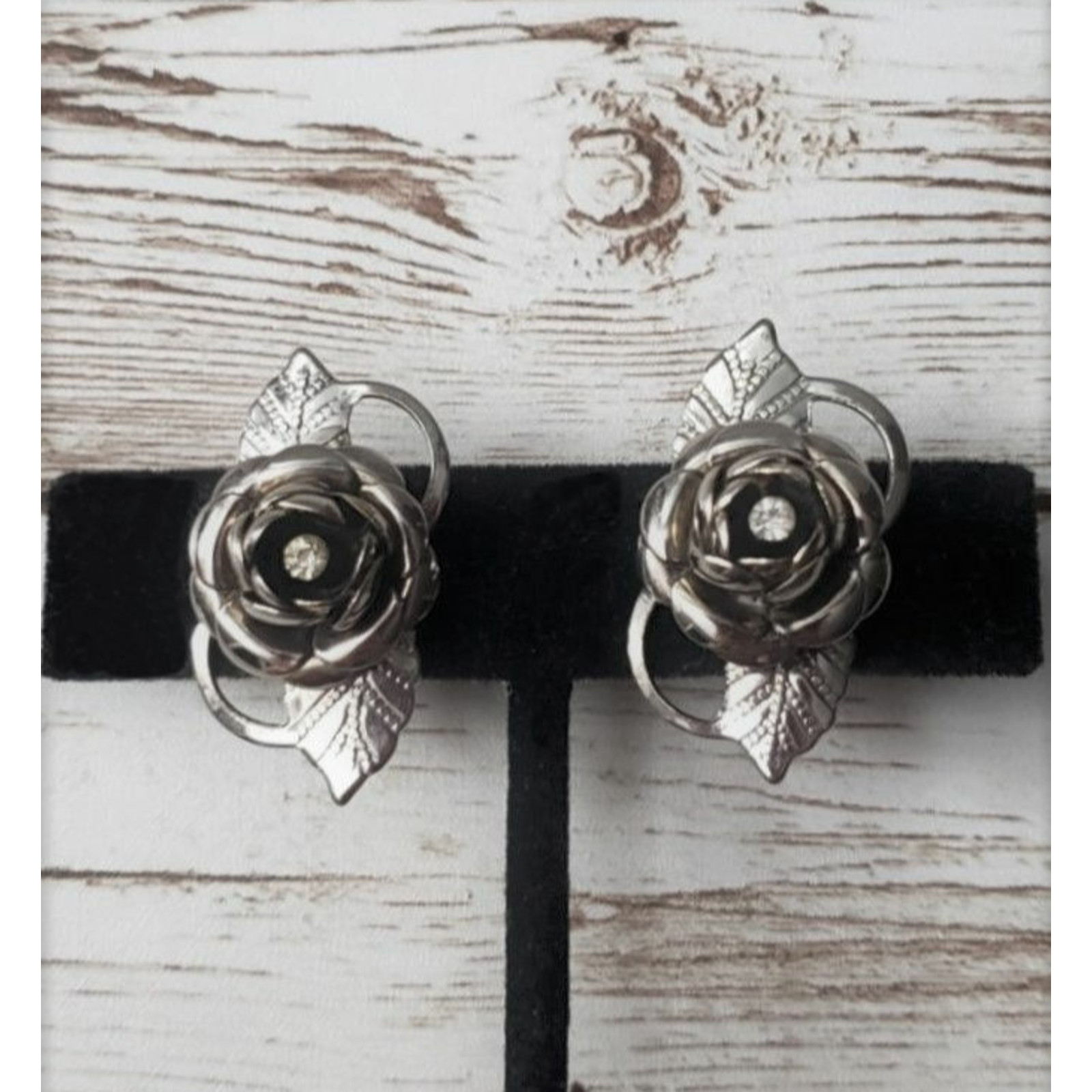 Vintage Screw On / Screw Back Earrings Fancy Rose & Leaves with Clear Gem