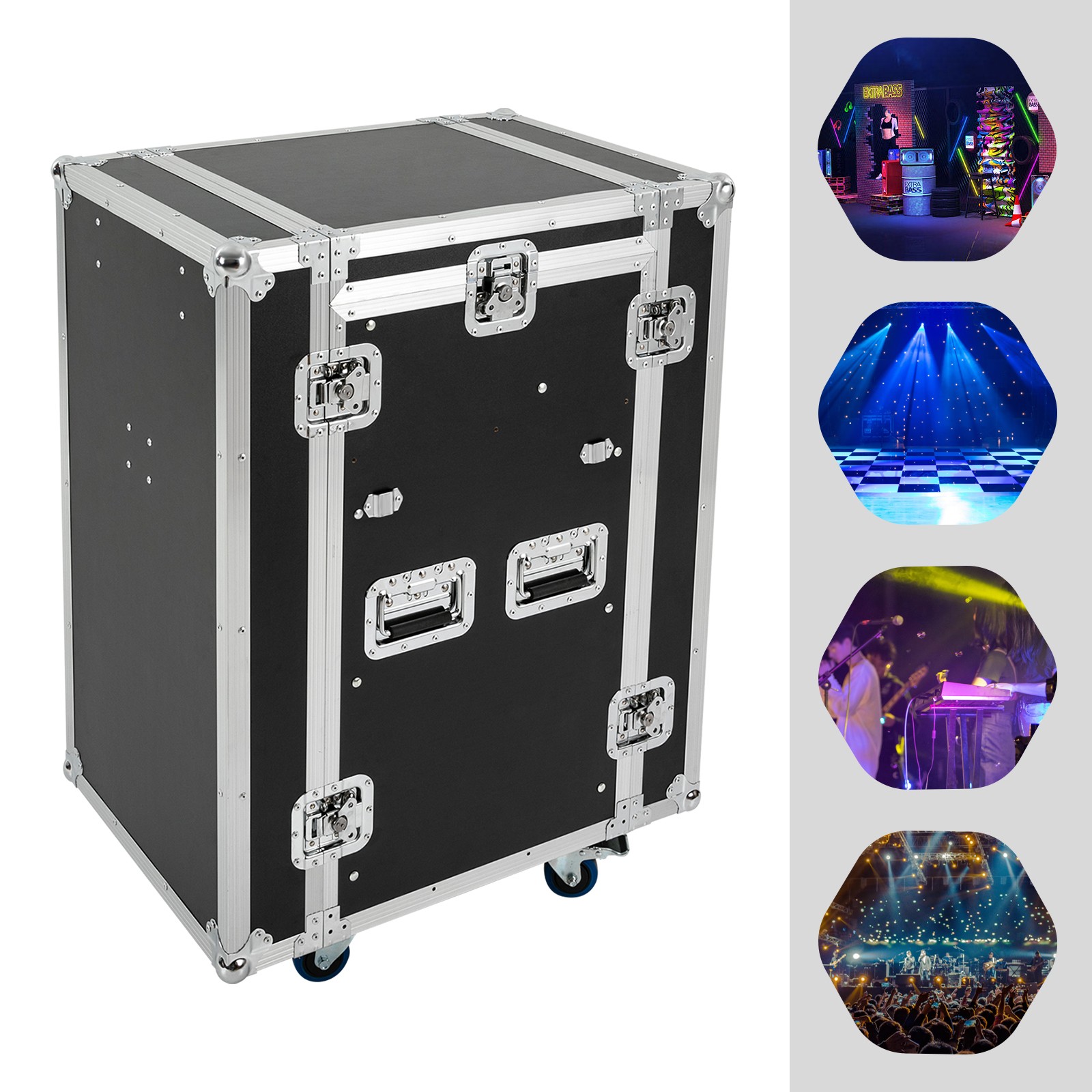 14U PA DJ Rack Modern Black PA DJ Cabinet Network & Stereo Rack with 4 Wheels US
