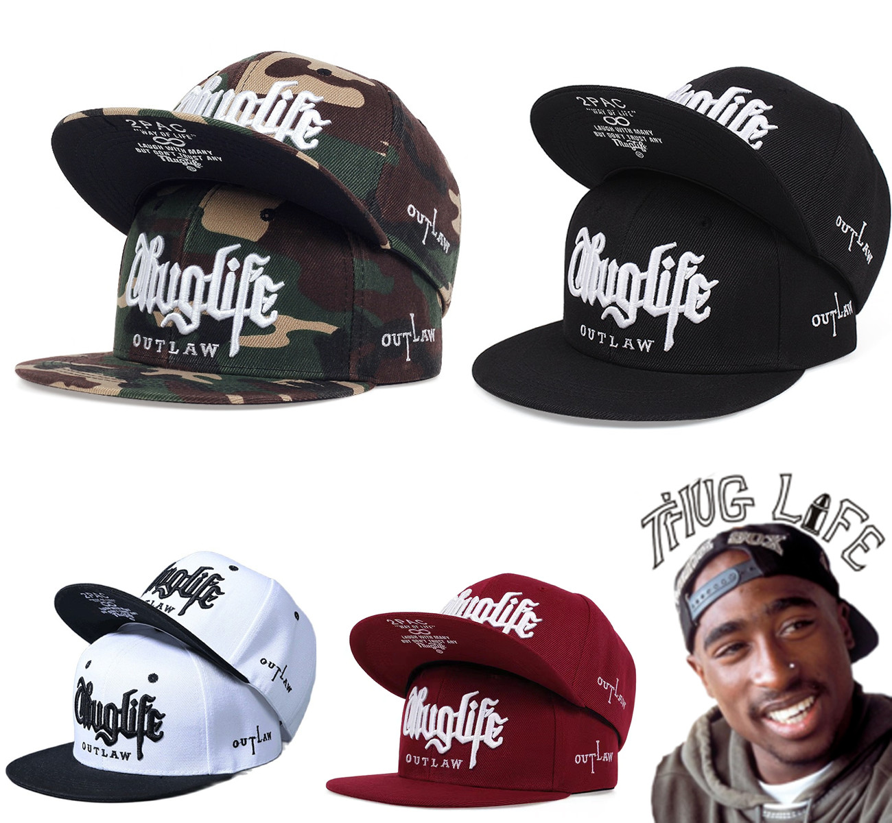 2Pac Thug Life Baseball Cap Hat Tupac Shakur Outlaw Rap Flat Brim Snapback