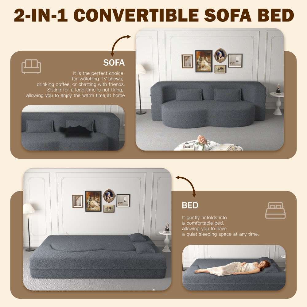 Convertible Floor Sofa Bed Twin Size w/ 2 Pillows, No Assembly, Dark Grey