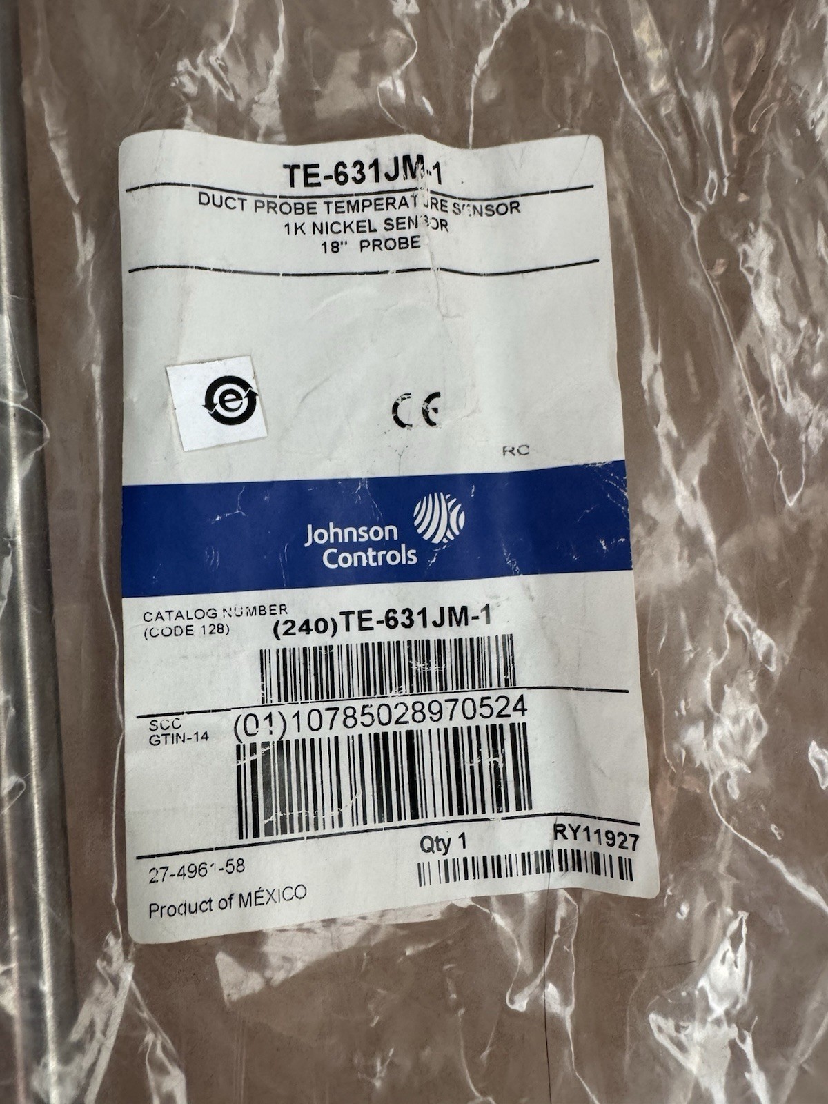 Johnson Controls TE-631JM-1 18" Duct Mount Nickel Temperature Sensor, 1k ohm