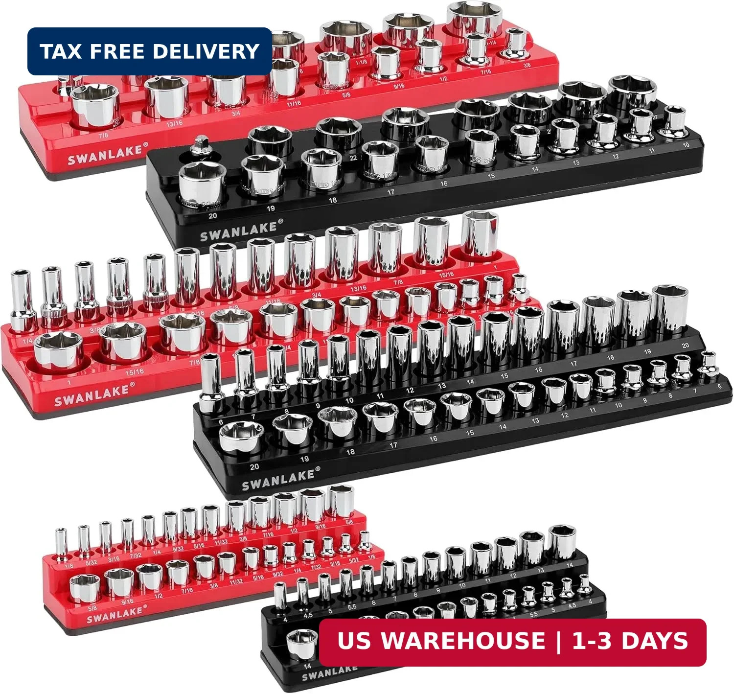 6-piece Magnetic Socket Organizer Set, Metric & SAE Drive Socket Holder, Include