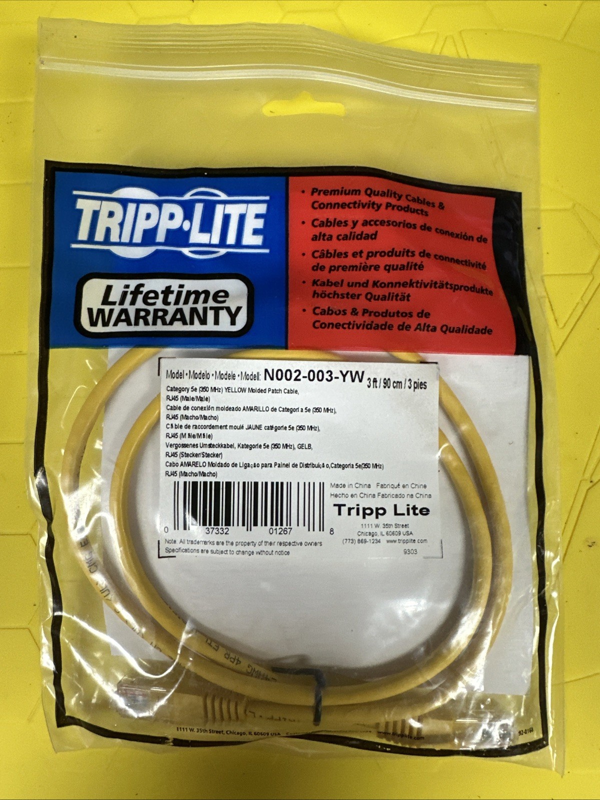 TRIPP-LITE CAT5e MOLDED PATCH CABLE, 3FT, YELLOW, N002-003-YW