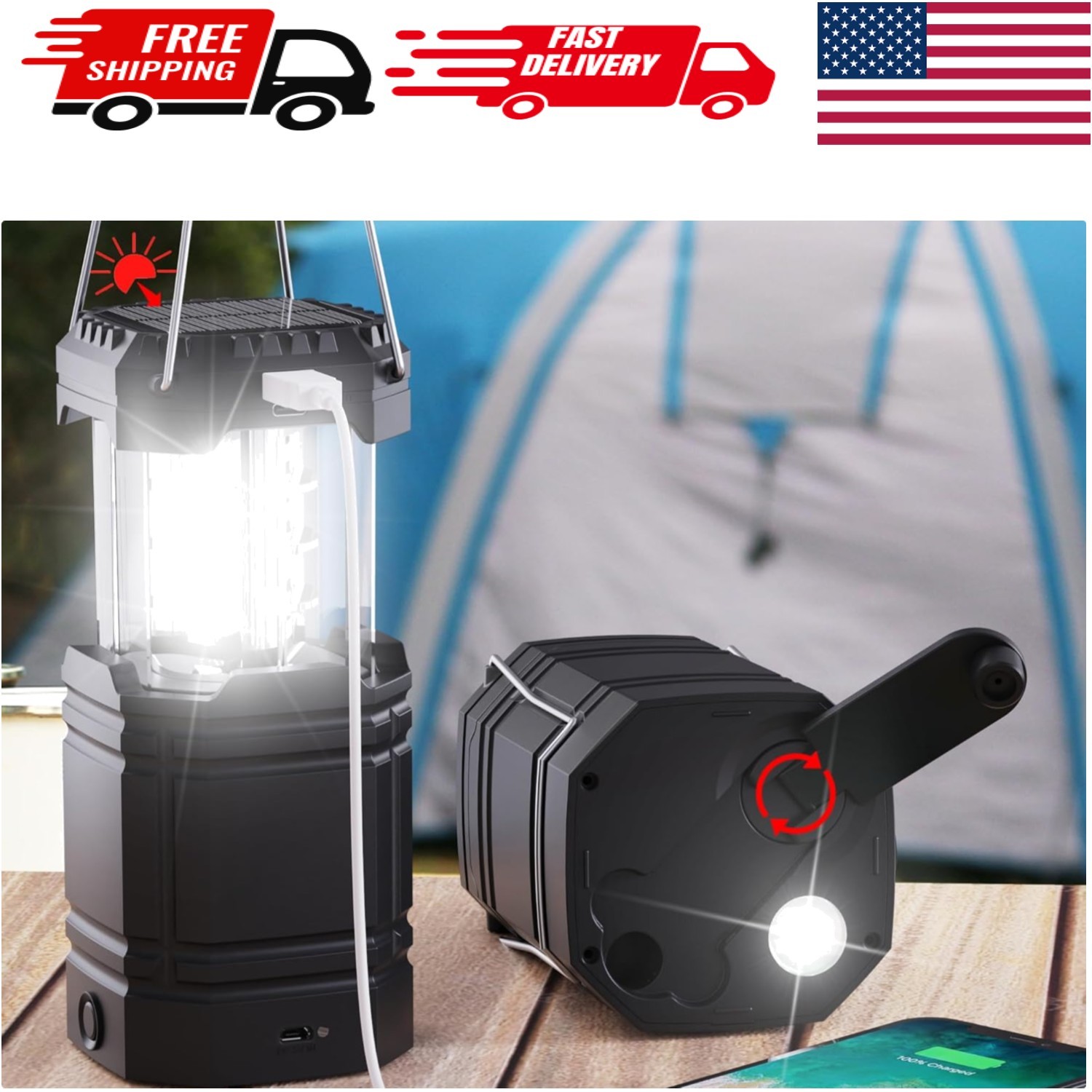 3000mAh Solar Camping Lantern with Hand Crank, 23-26 Hours Bright Illumination