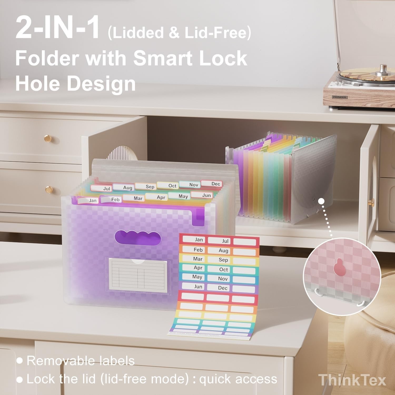 Durable 12-Pocket Accordion Document Organizer - Purple with Smart Lock Feature