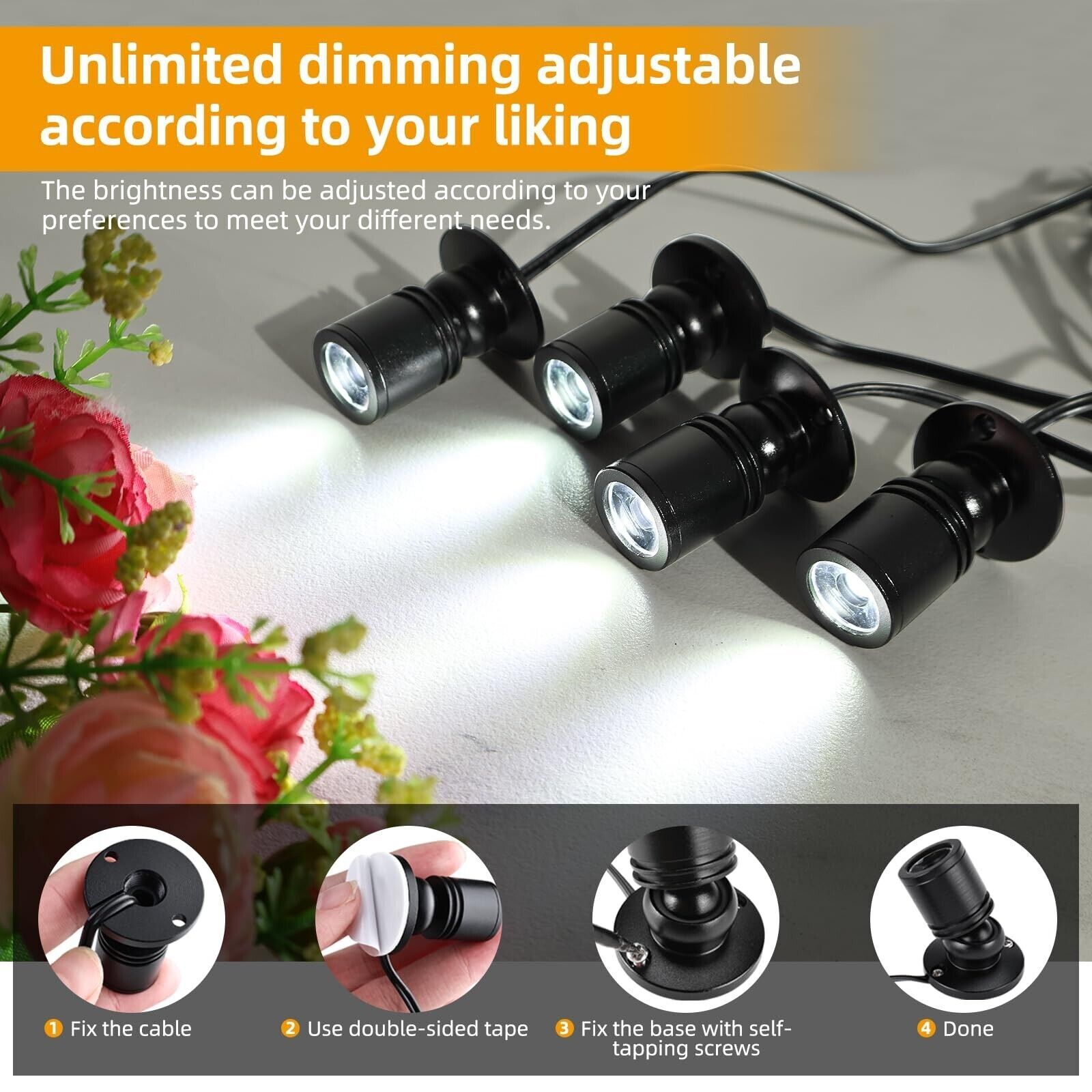 8Pack Dimmable 360° Angle LED Mini Spotlight Jewelry Display Cabinet Light 6400k