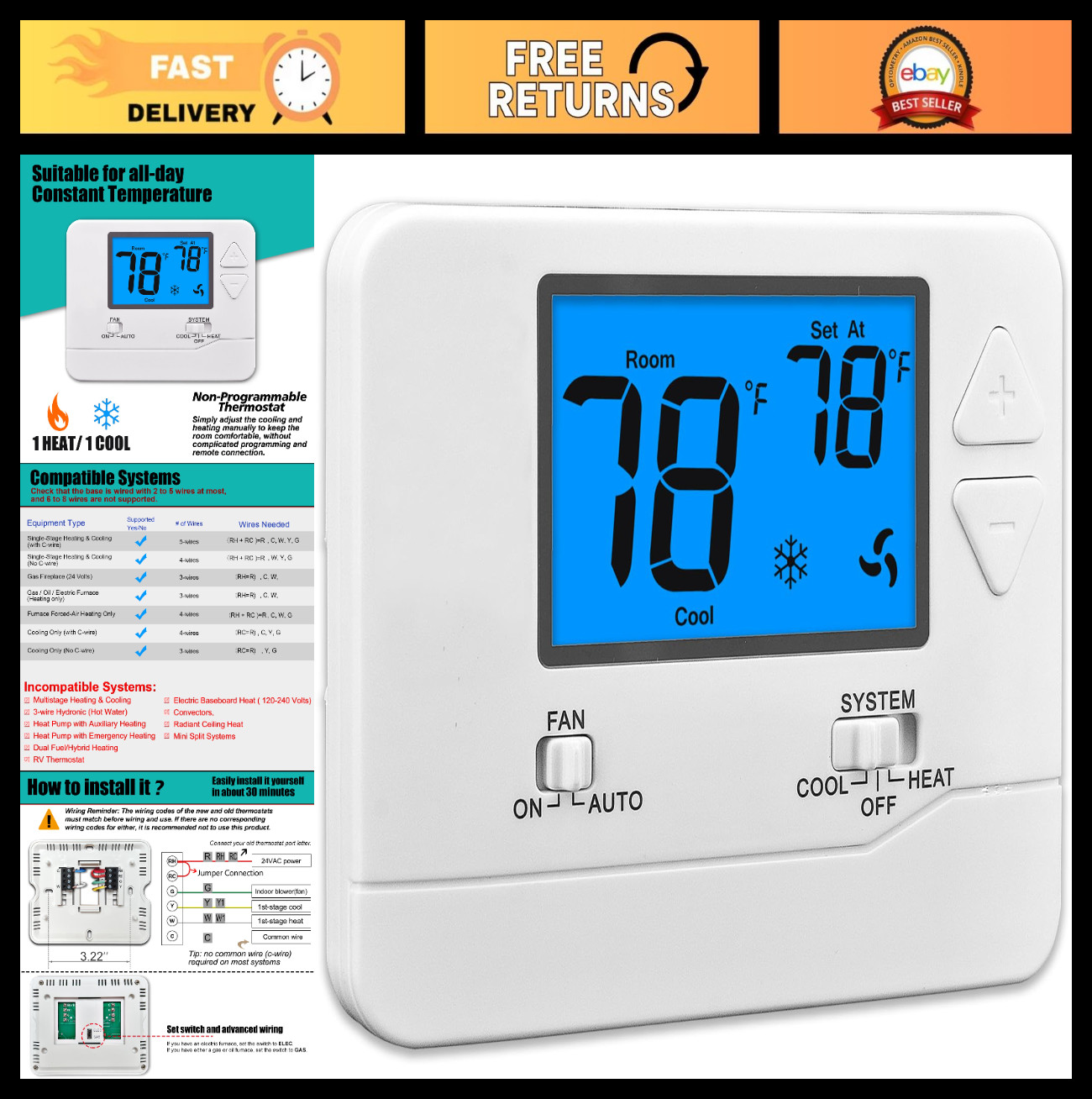 Non-Programmable Thermostat for Home 1 Heat/1 Cool Conventional Systems, Blue Ba