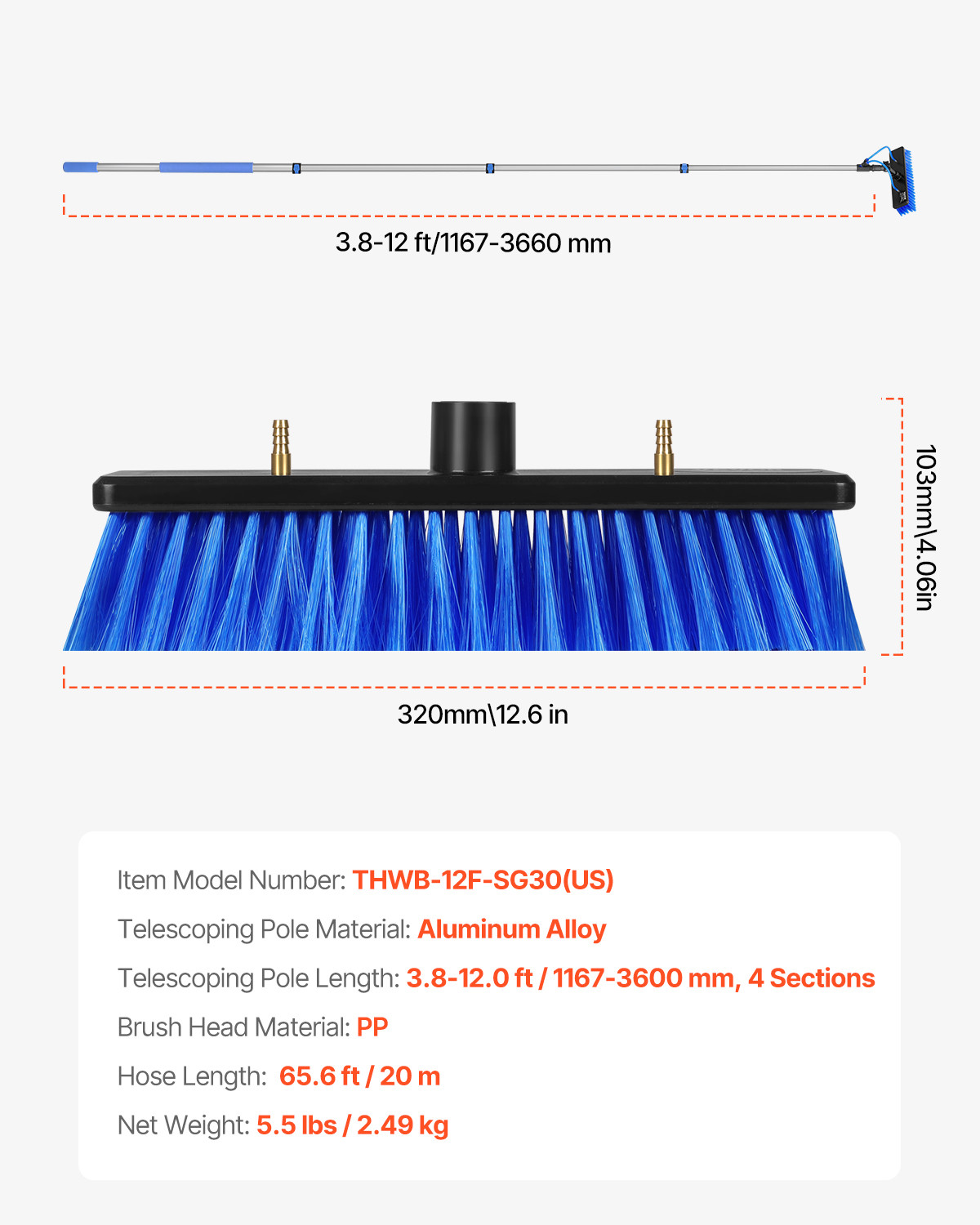 Water Fed Pole Kit 12FT Solar Panel Cleaning Pole 180° Rotatable Brush Head