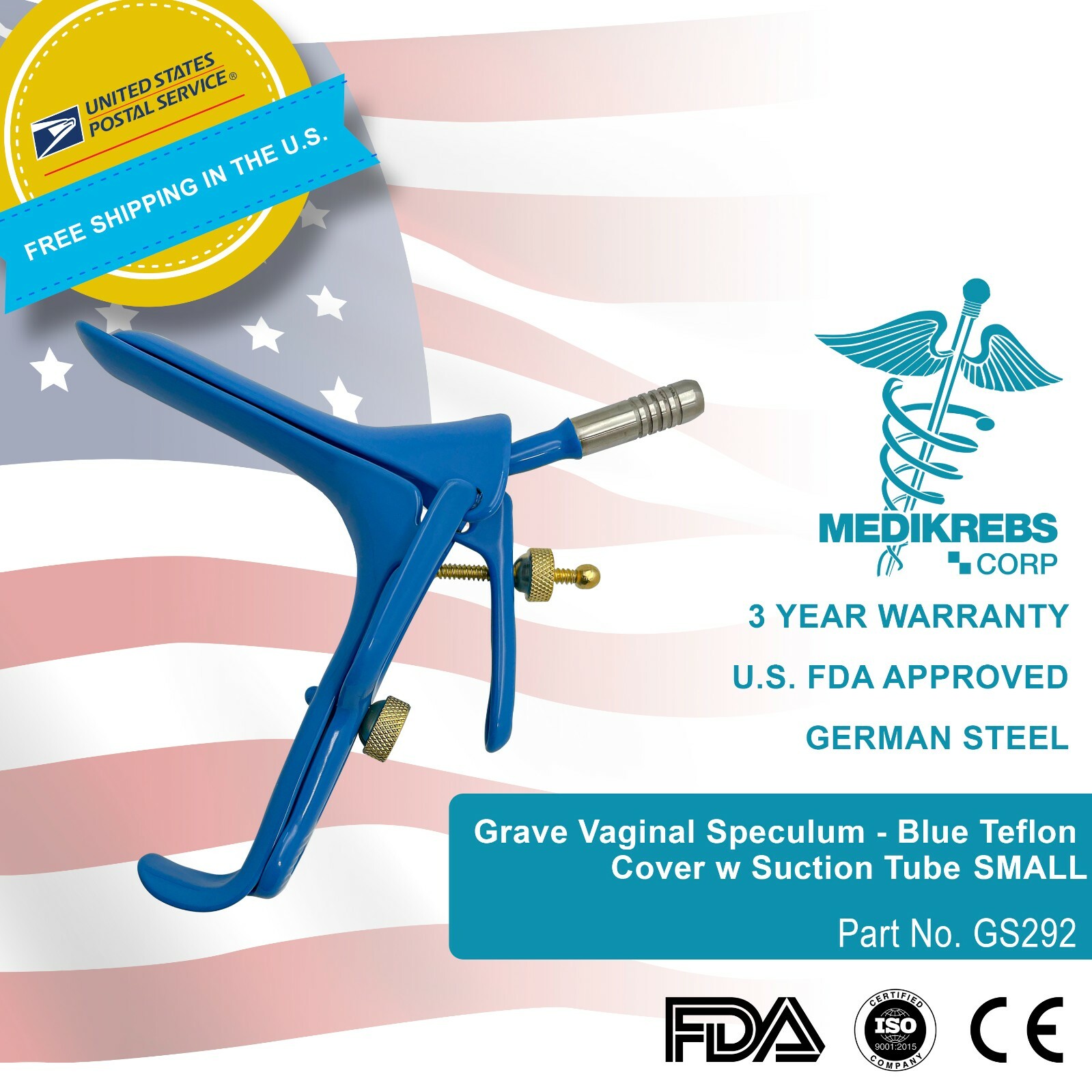 Grave Vaginal Speculum - Blue Teflon Cover w/ Suction Tube SMALL