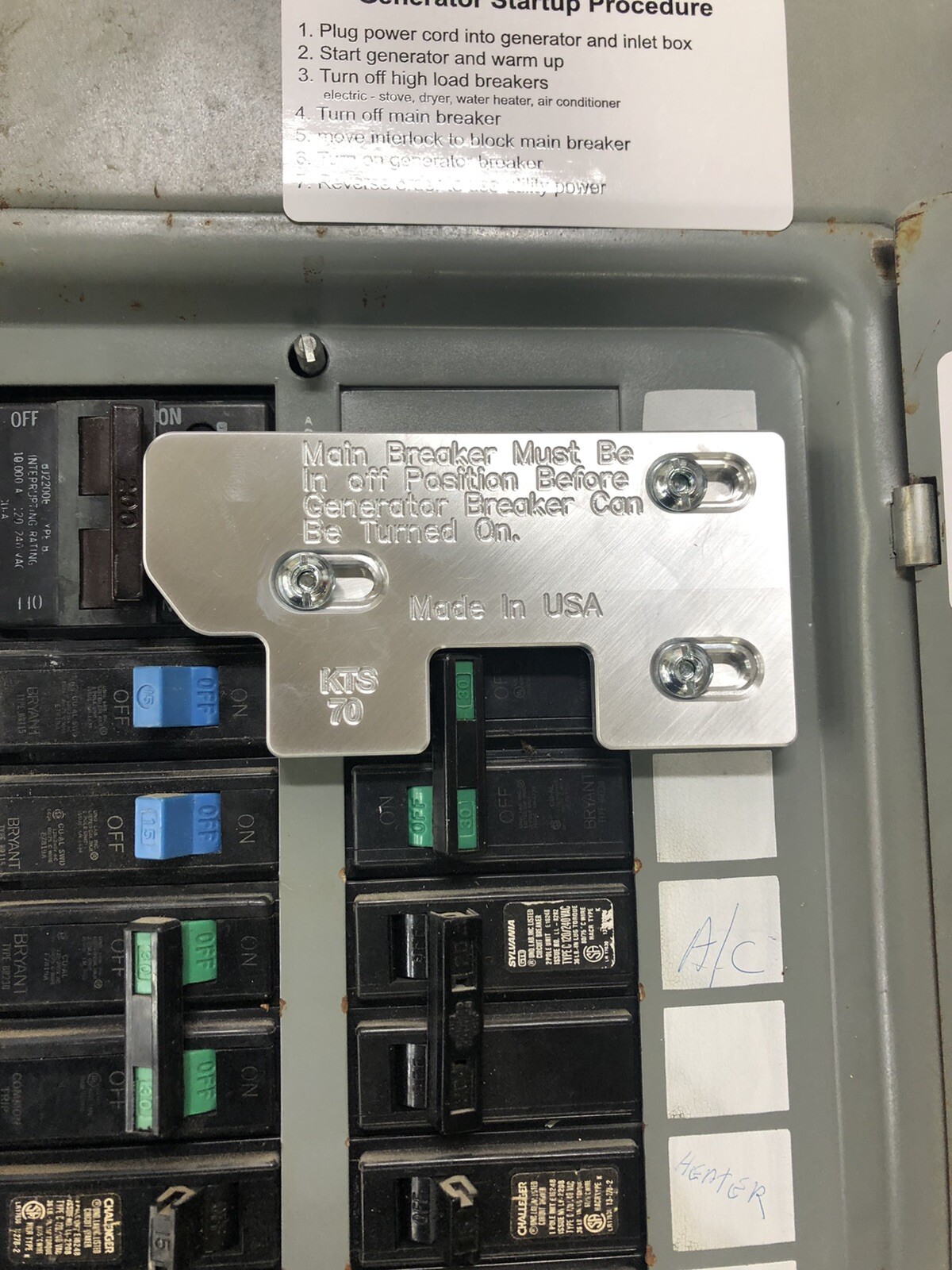 WR-70 Westinghouse/Bryant 200 amp panel Generator Interlock