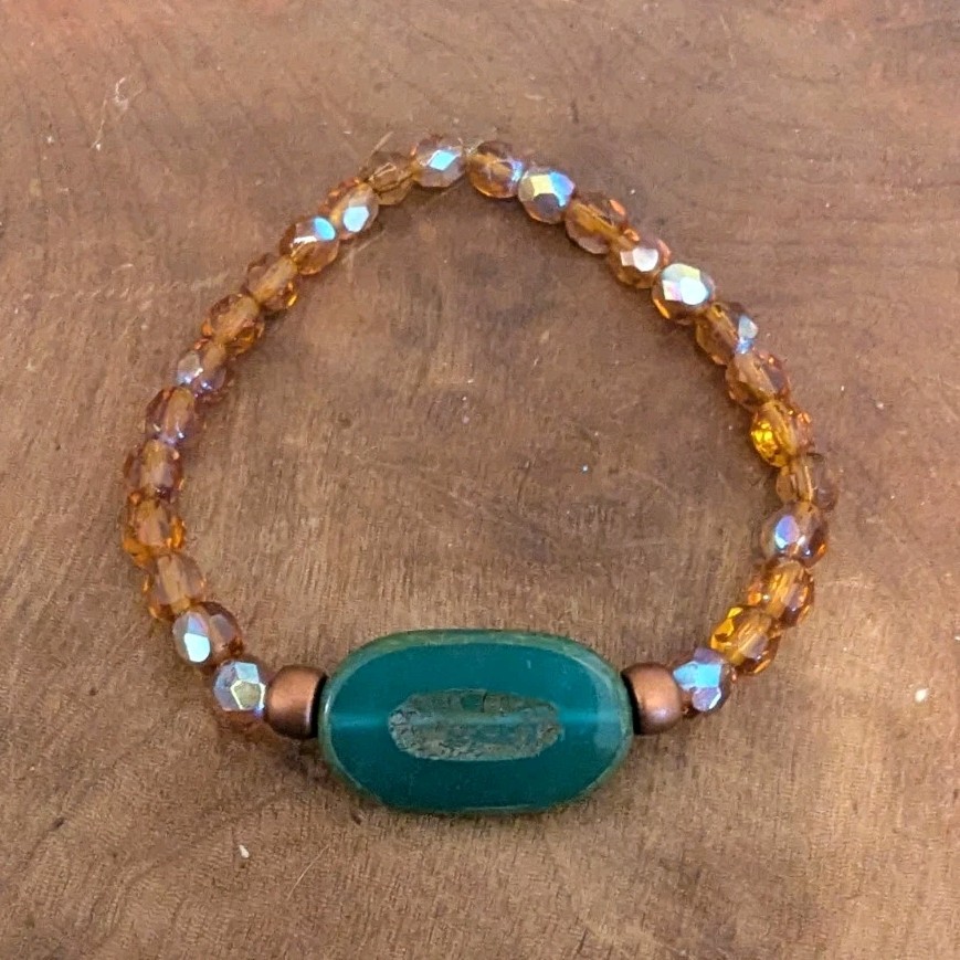 Handcrafted Beaded Bracelet Green Glass Oval Centerpiece Brown Green Bohemian