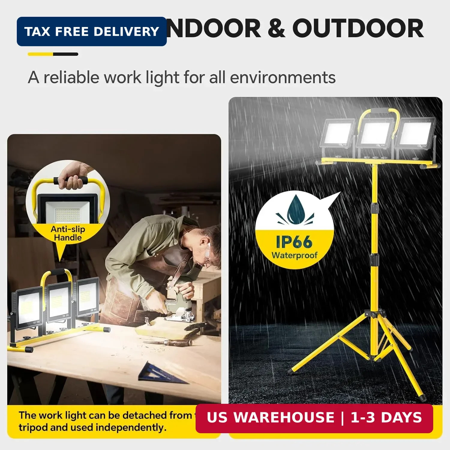 LED Work Lights with Stand: 3 Head Adjustable Work Light with Individual Switch,