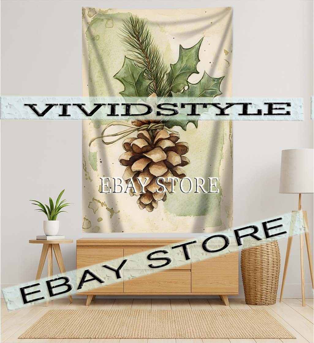 Holly Pine tapestry farmhouse woodland greenery holiday art 59X82 in