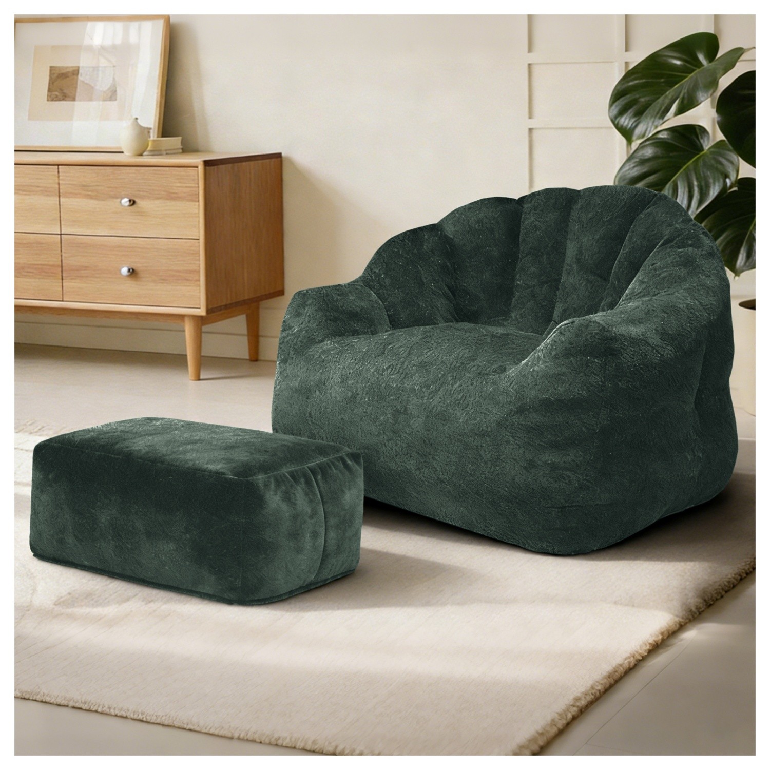 Small Space Bean Bag Chair w/ Ottoman & Memory Foam Filled for Apartment Bedroom