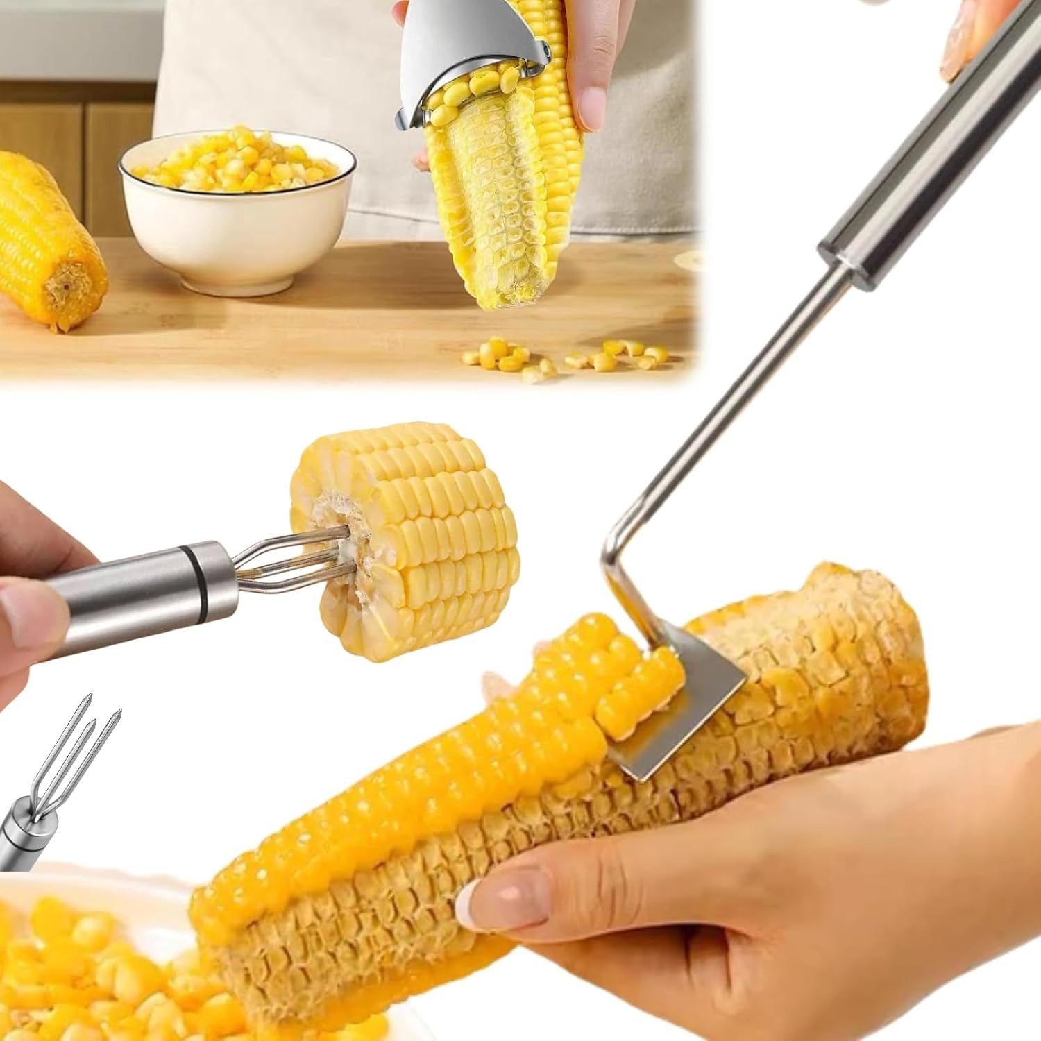 3PCS Corn Peeler Stainless Steel Corn Peeler, Stripper Tool and Corn Holder Set
